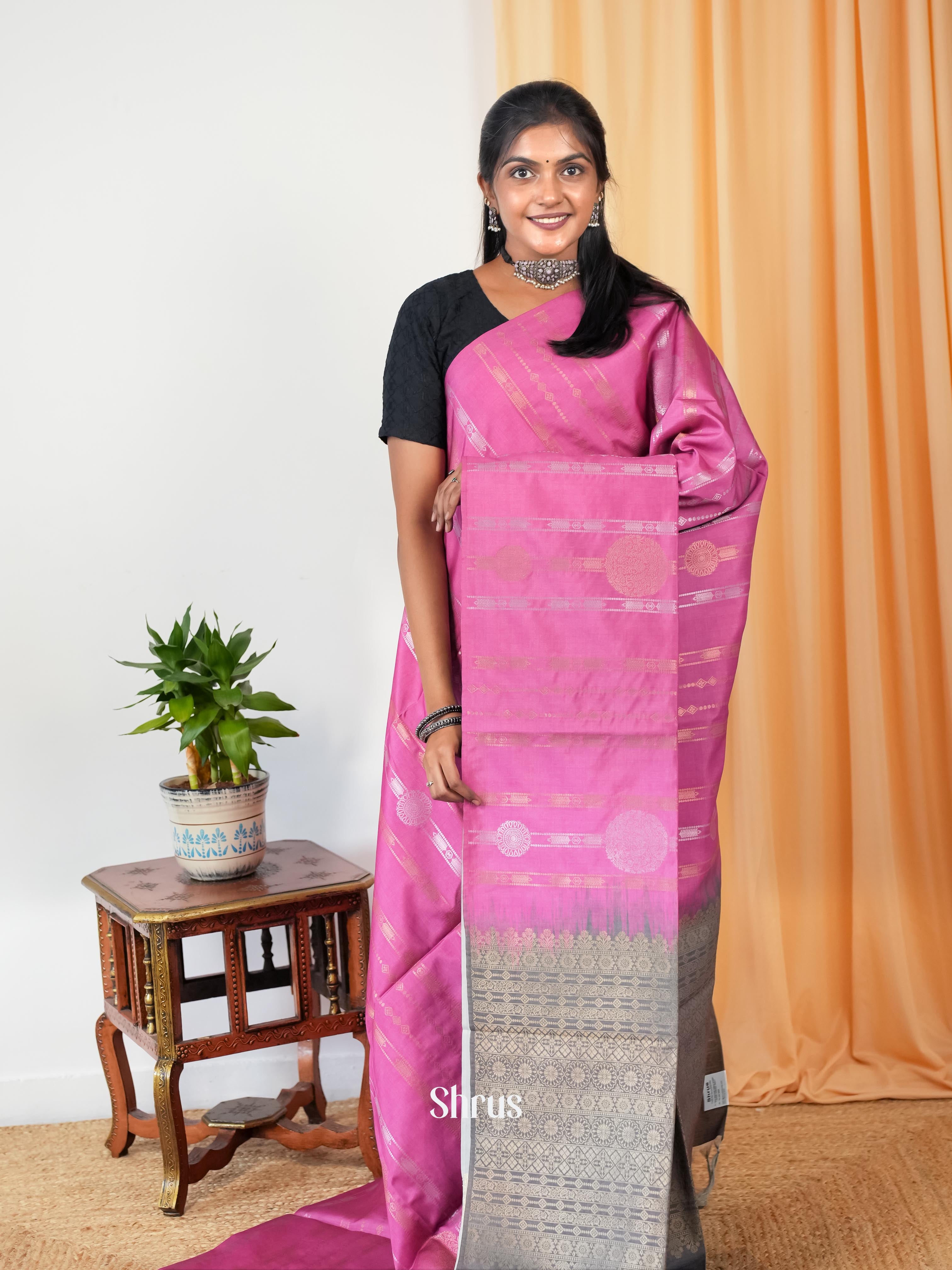 Pink & Grey - Semi Tussar Saree - Shop on Shrus.com