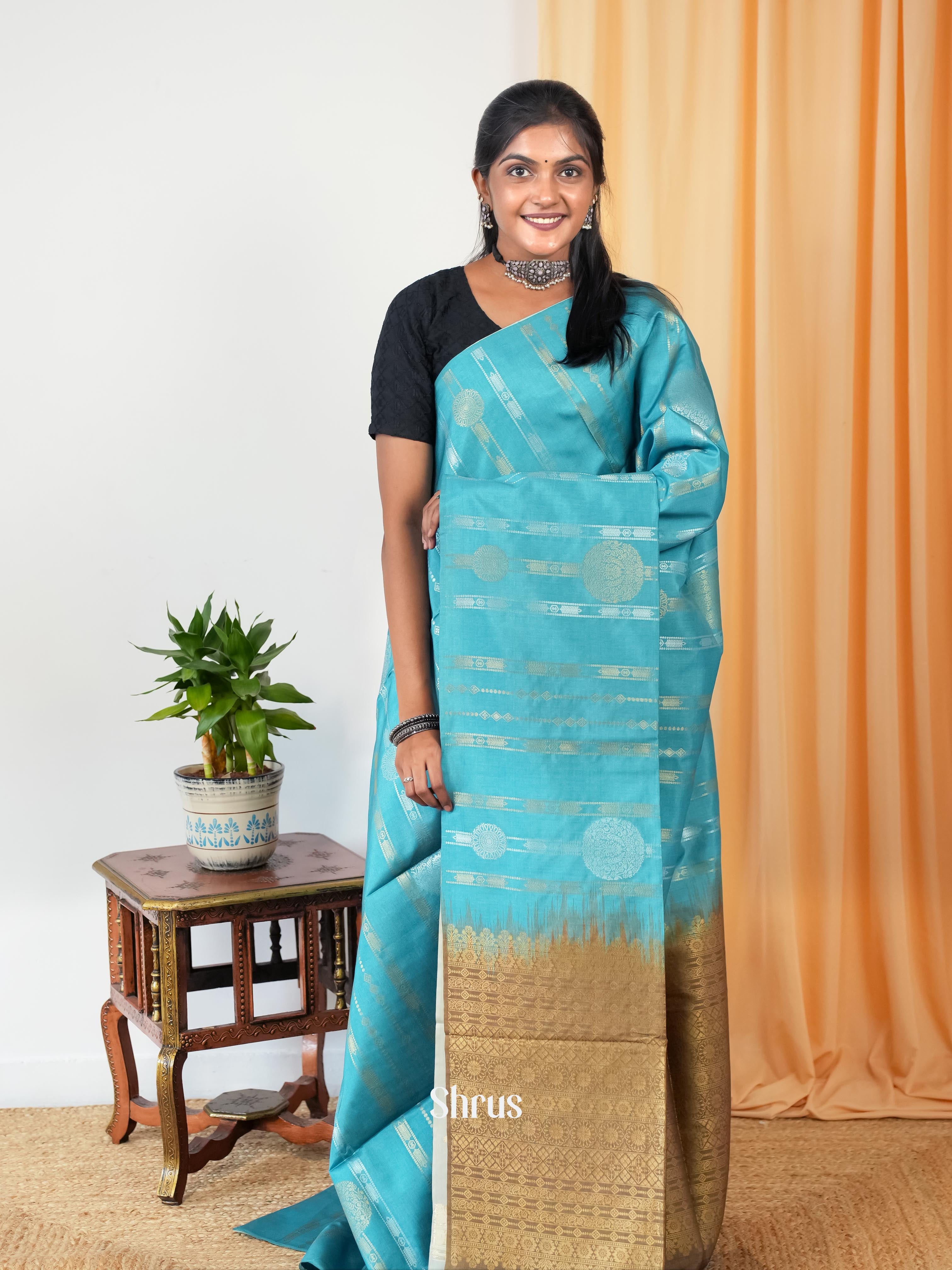 Blue & Gold - Semi Tussar Saree - Shop on Shrus.com