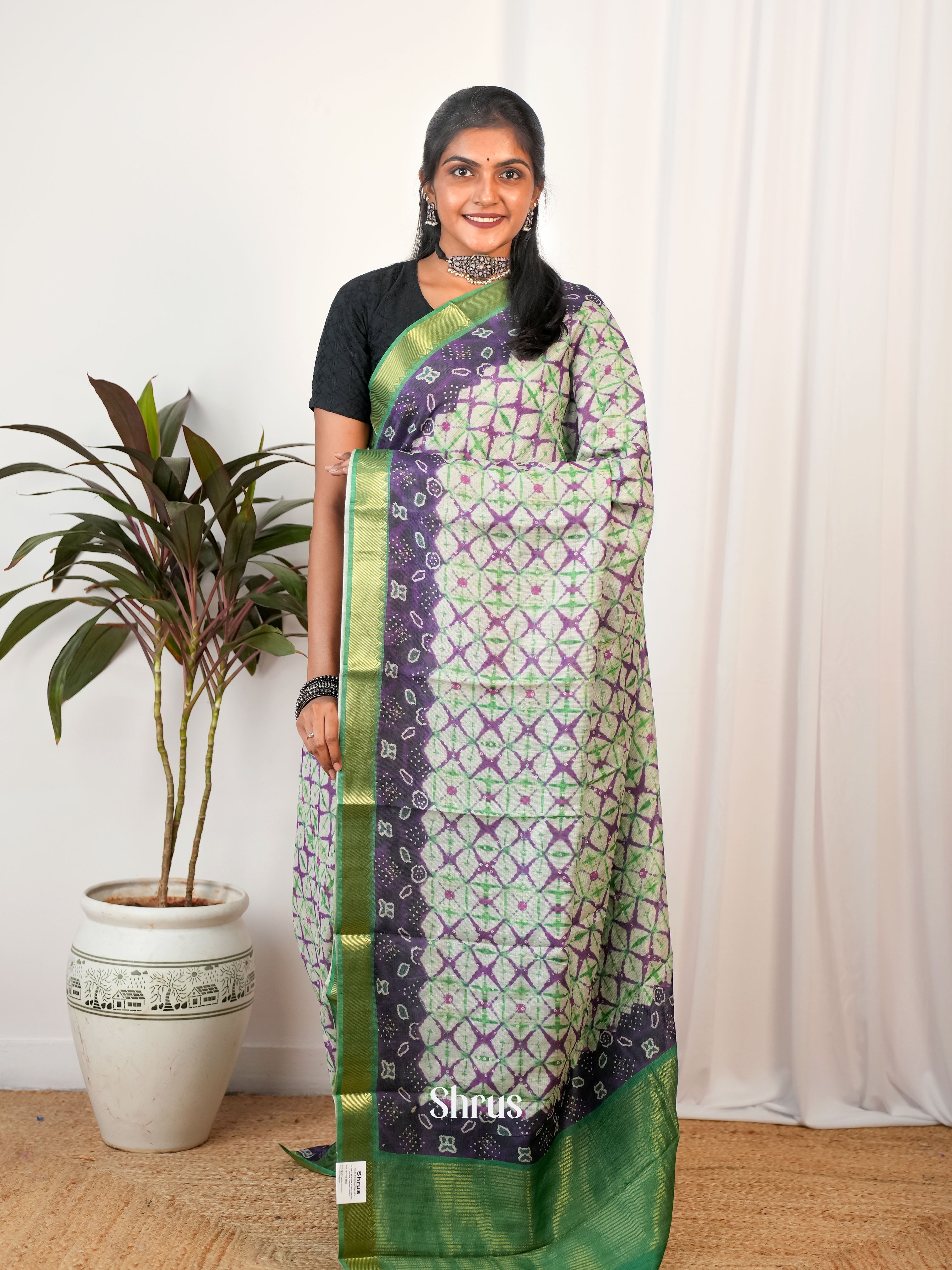 Cream & Green- Semi Chanderi Saree - Shop on Shrus.com