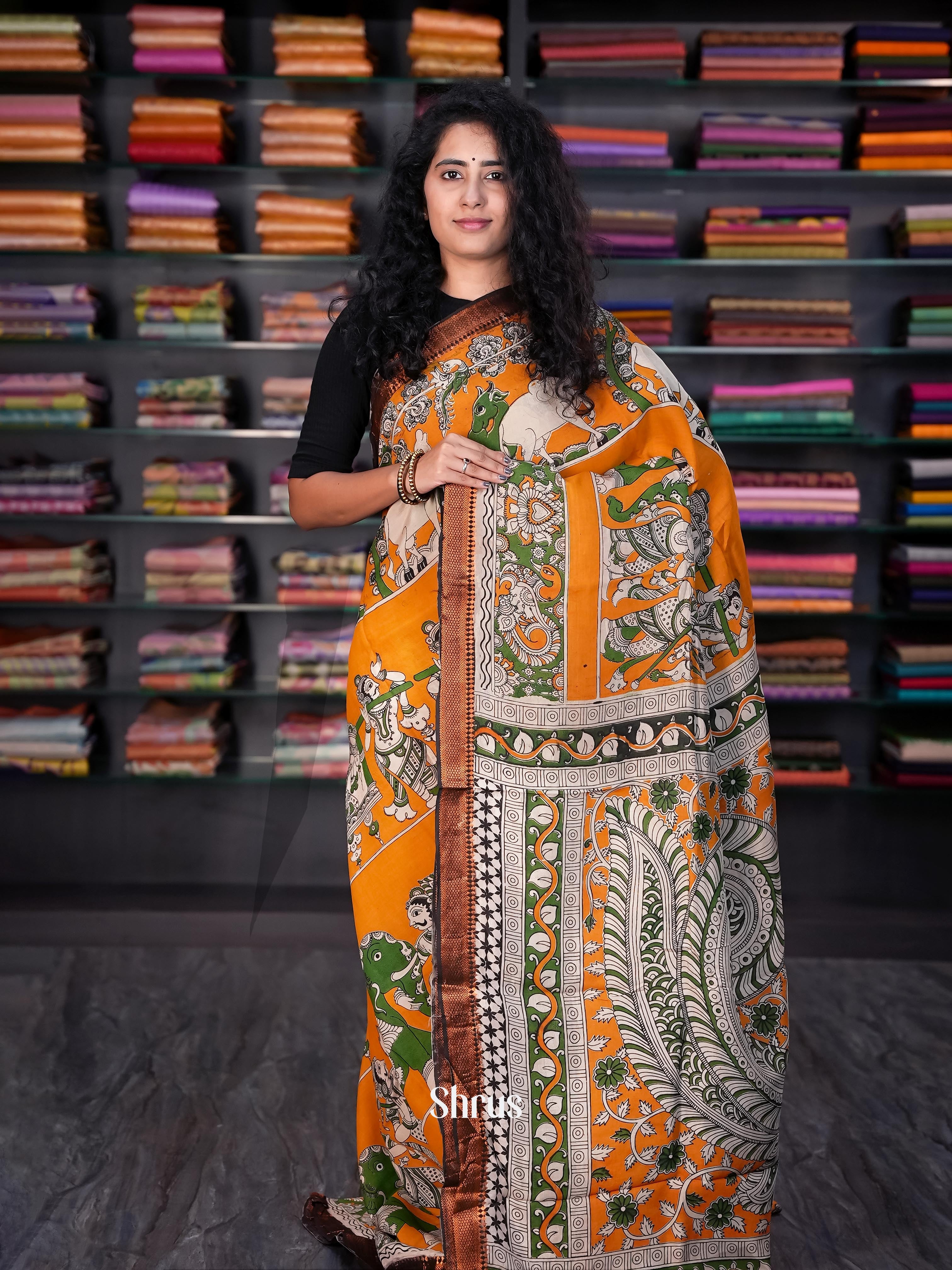 Orange & Brown - chennur-kalamkari Saree - Shop on Shrus.com