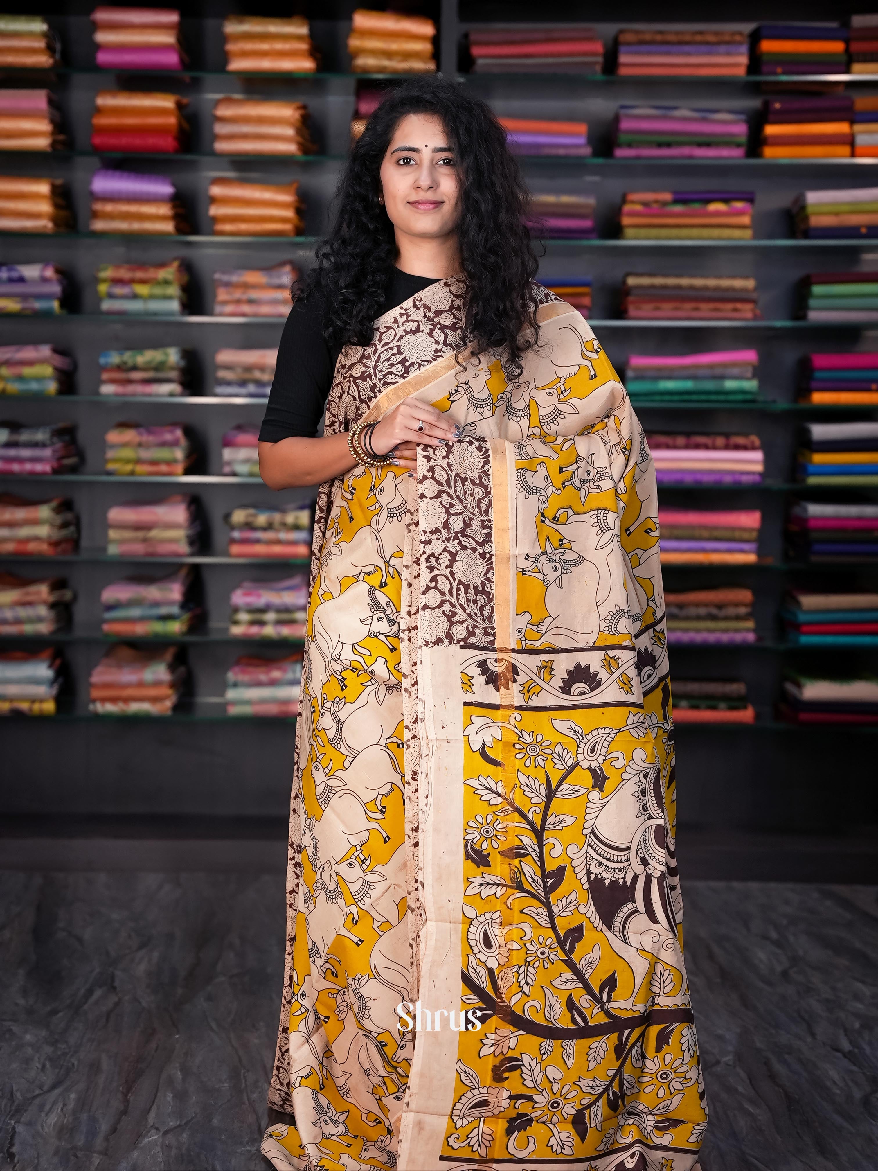Yellow & Brown - chennur-kalamkari Saree - Shop on Shrus.com
