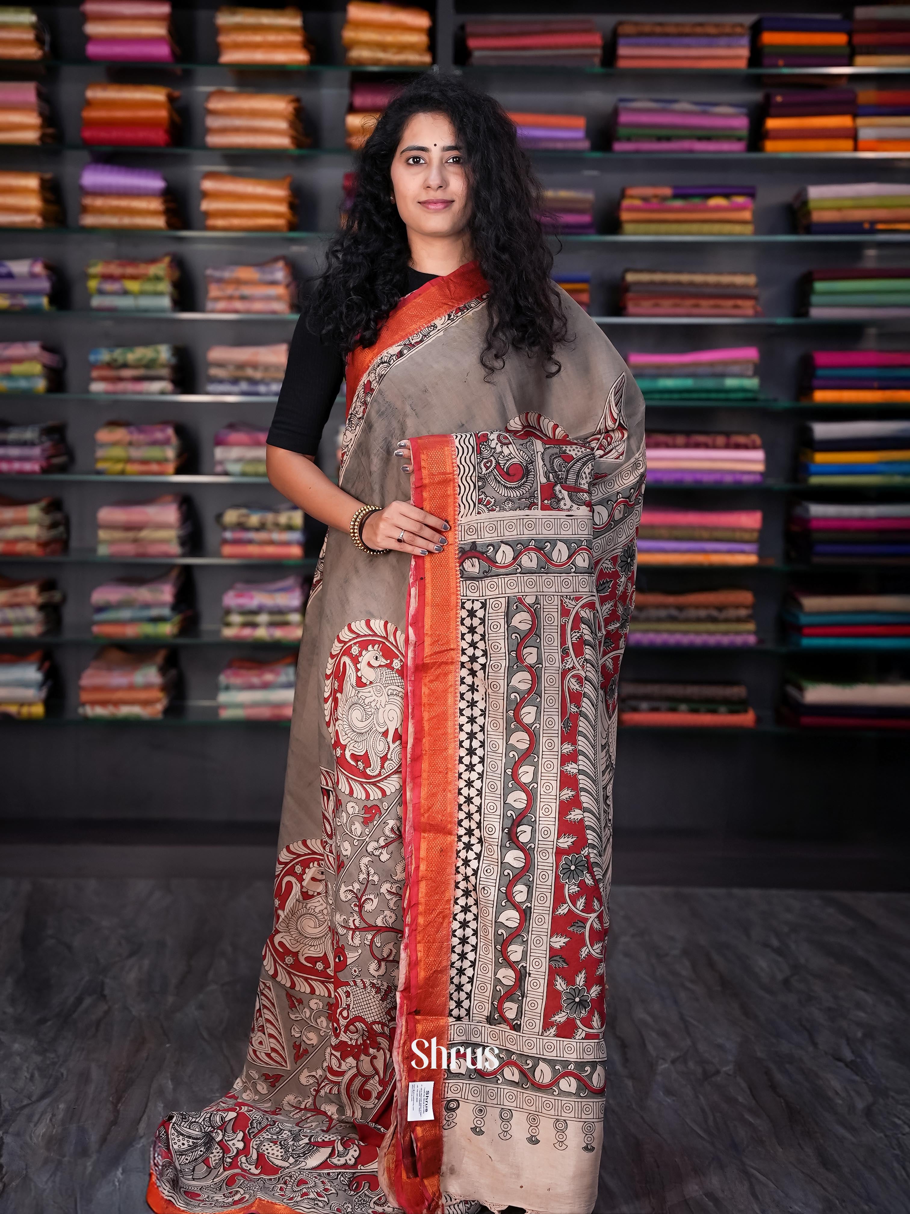 Grey & Red - chennur-kalamkari Saree - Shop on Shrus.com
