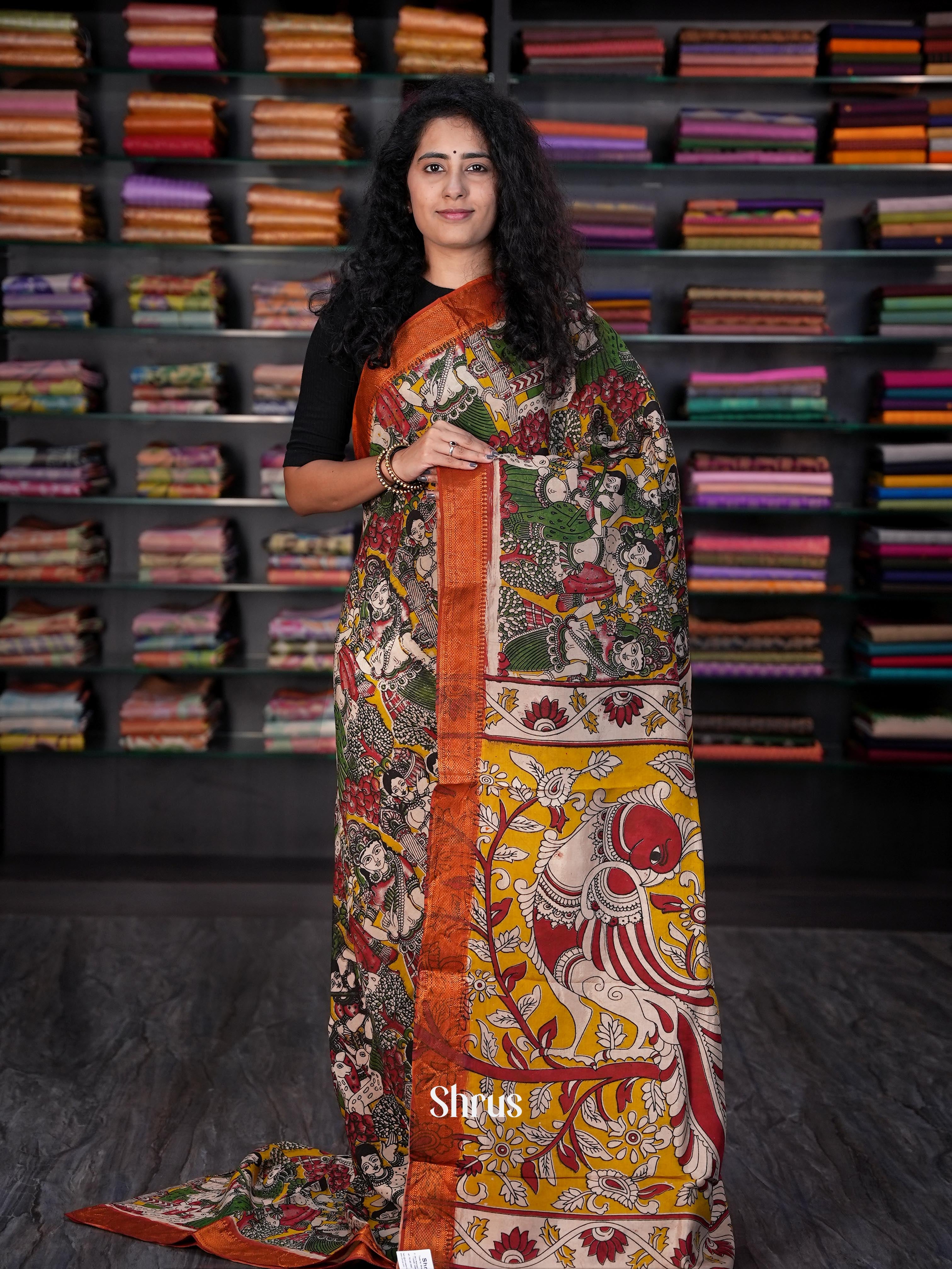 Beige & Red - chennur kalamkari Saree - Shop on Shrus.com