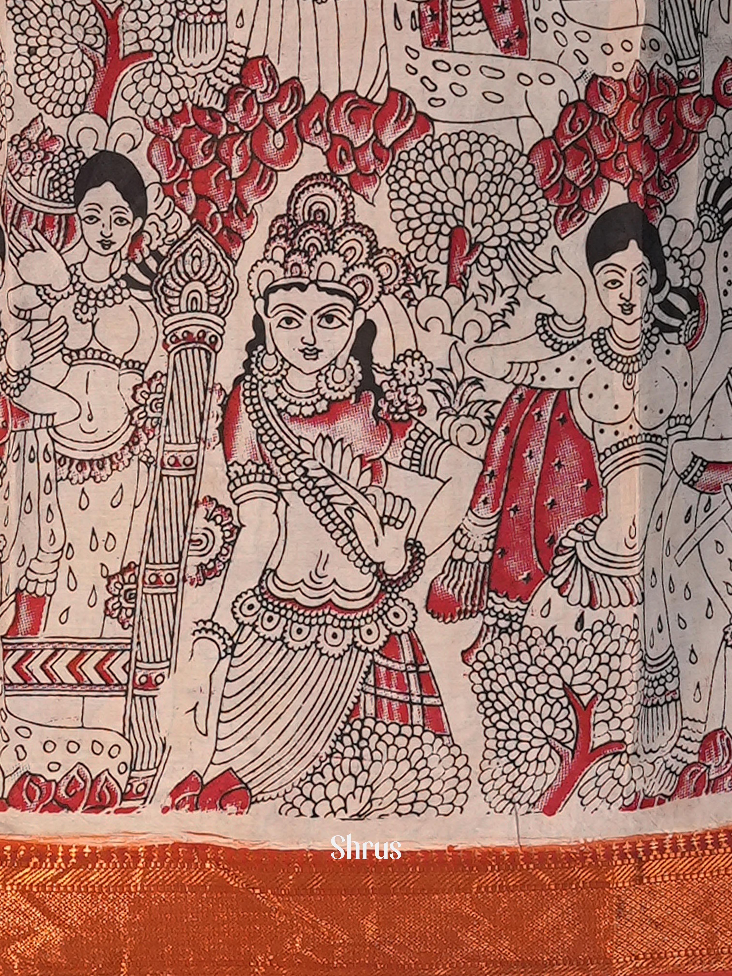 Beige & Red - chennur kalamkari Saree - Shop on Shrus.com