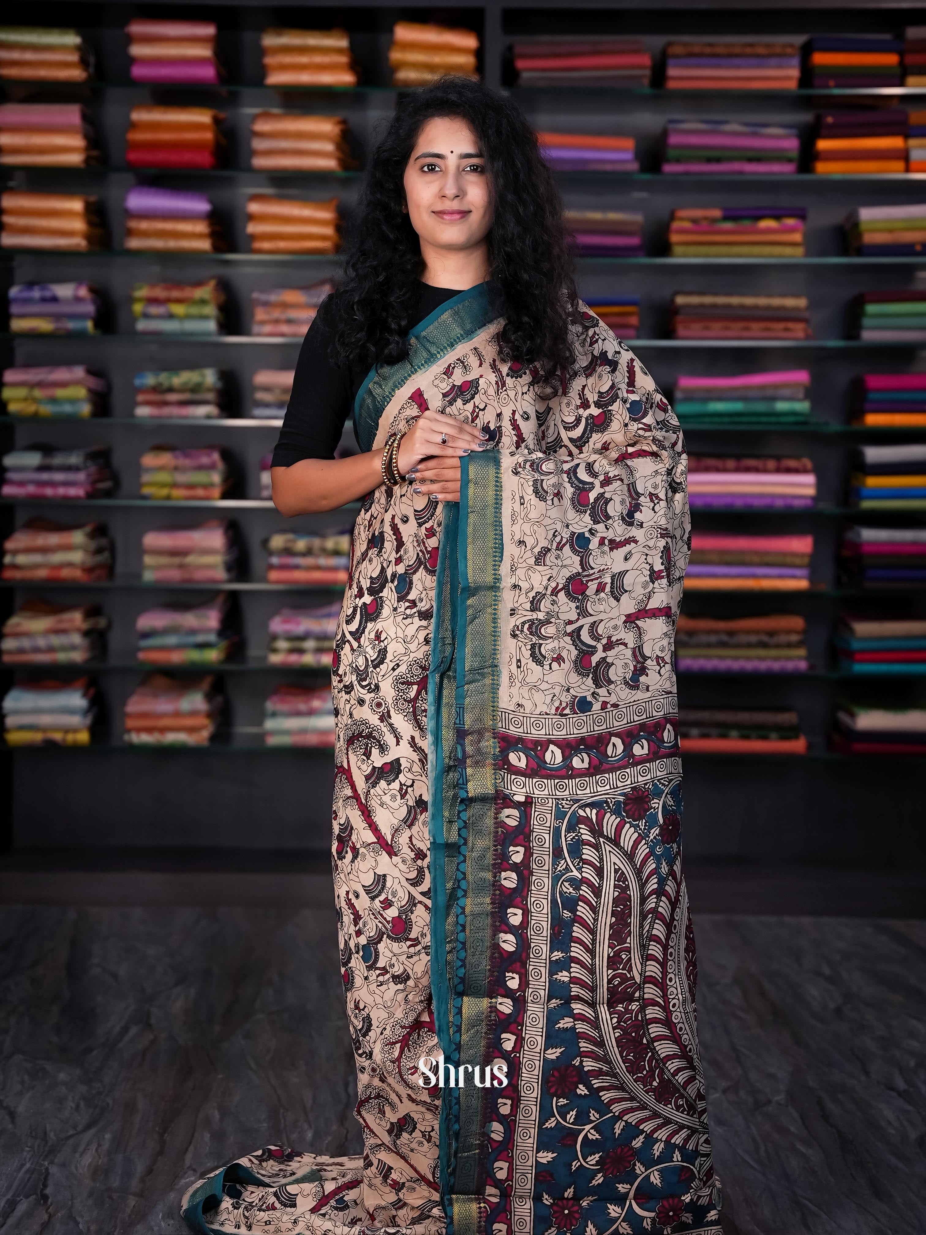 Beige & Green - chennur-kalamkari Saree - Shop on Shrus.com