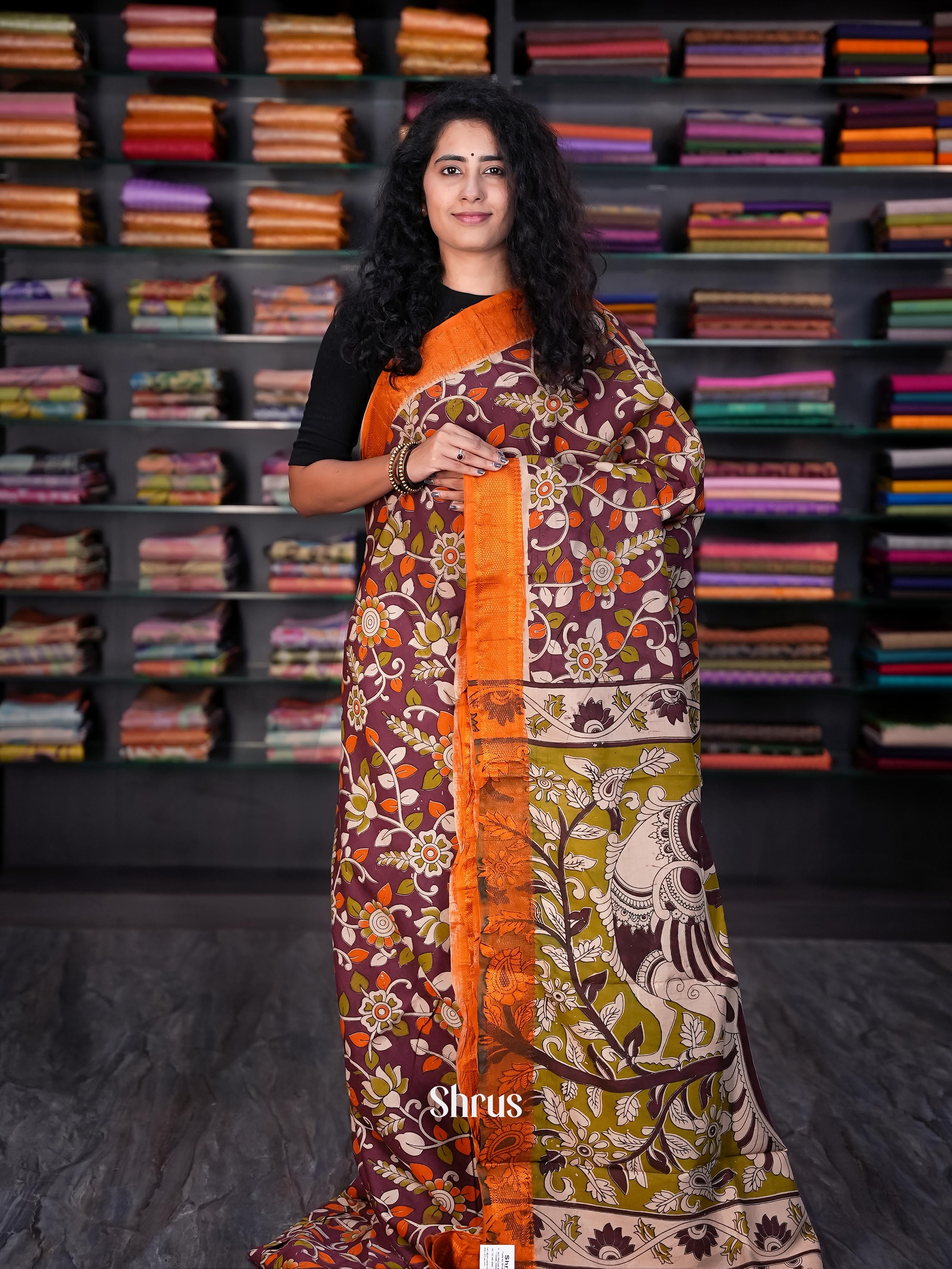 Maroon & Orange - chennur-kalamkari Saree - Shop on Shrus.com