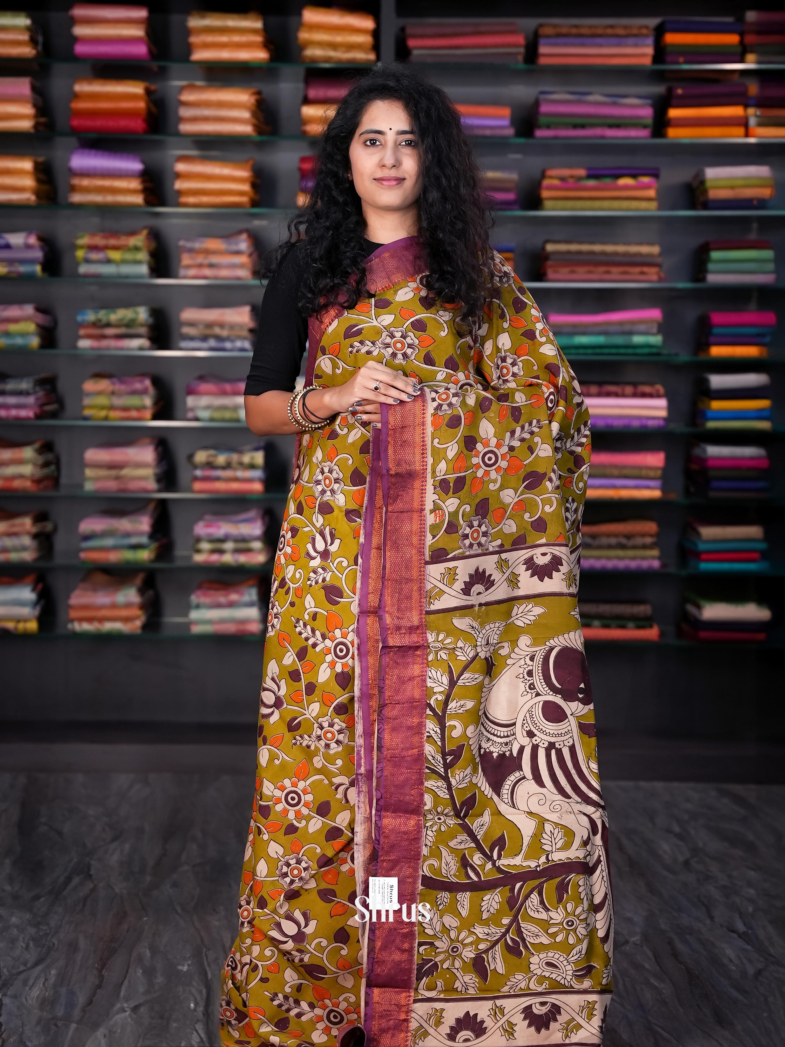 Green & Purple- chennur-kalamkari Saree - Shop on Shrus.com