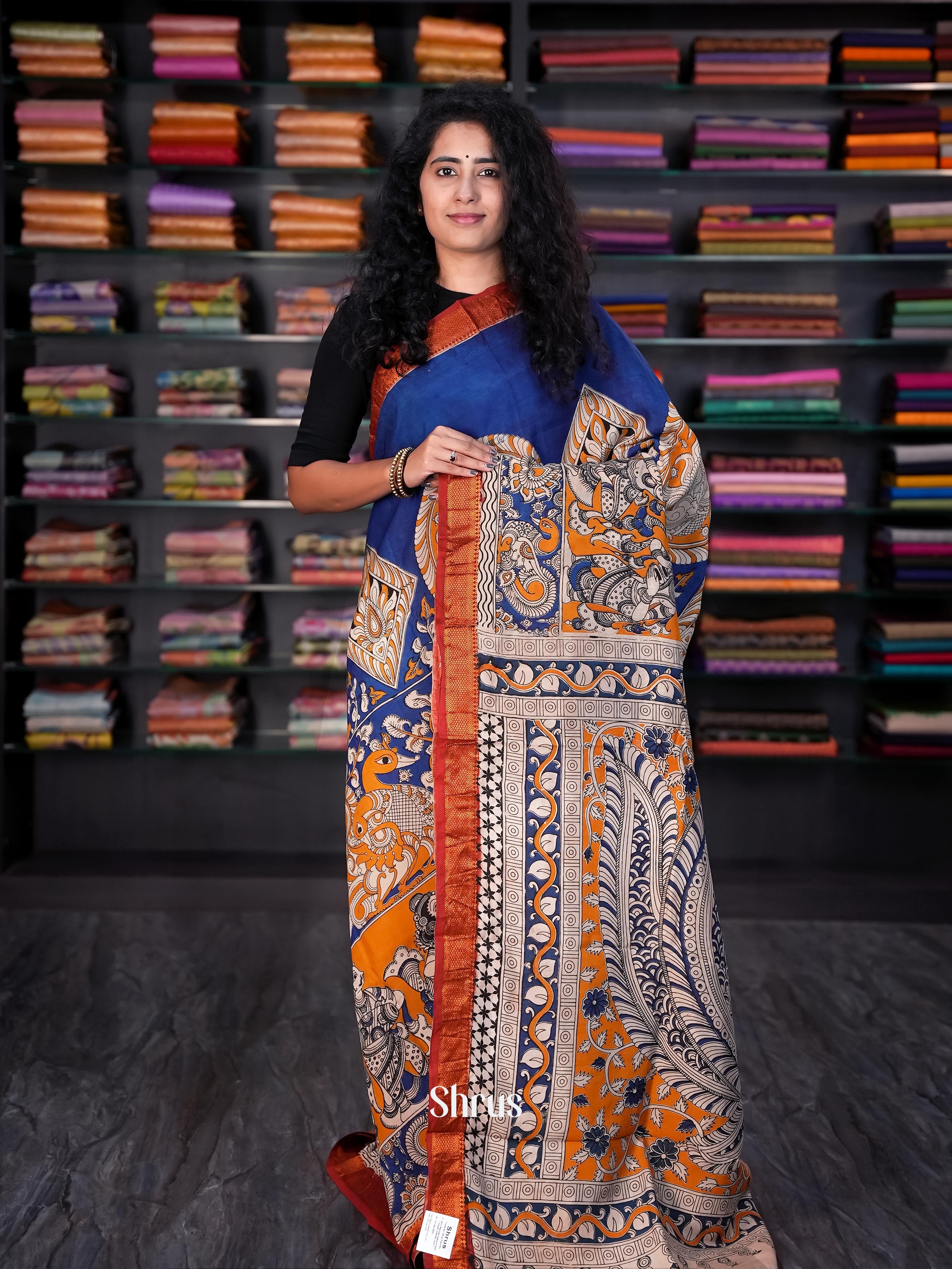 Blue & Red - chennur-kalamkari Saree - Shop on Shrus.com