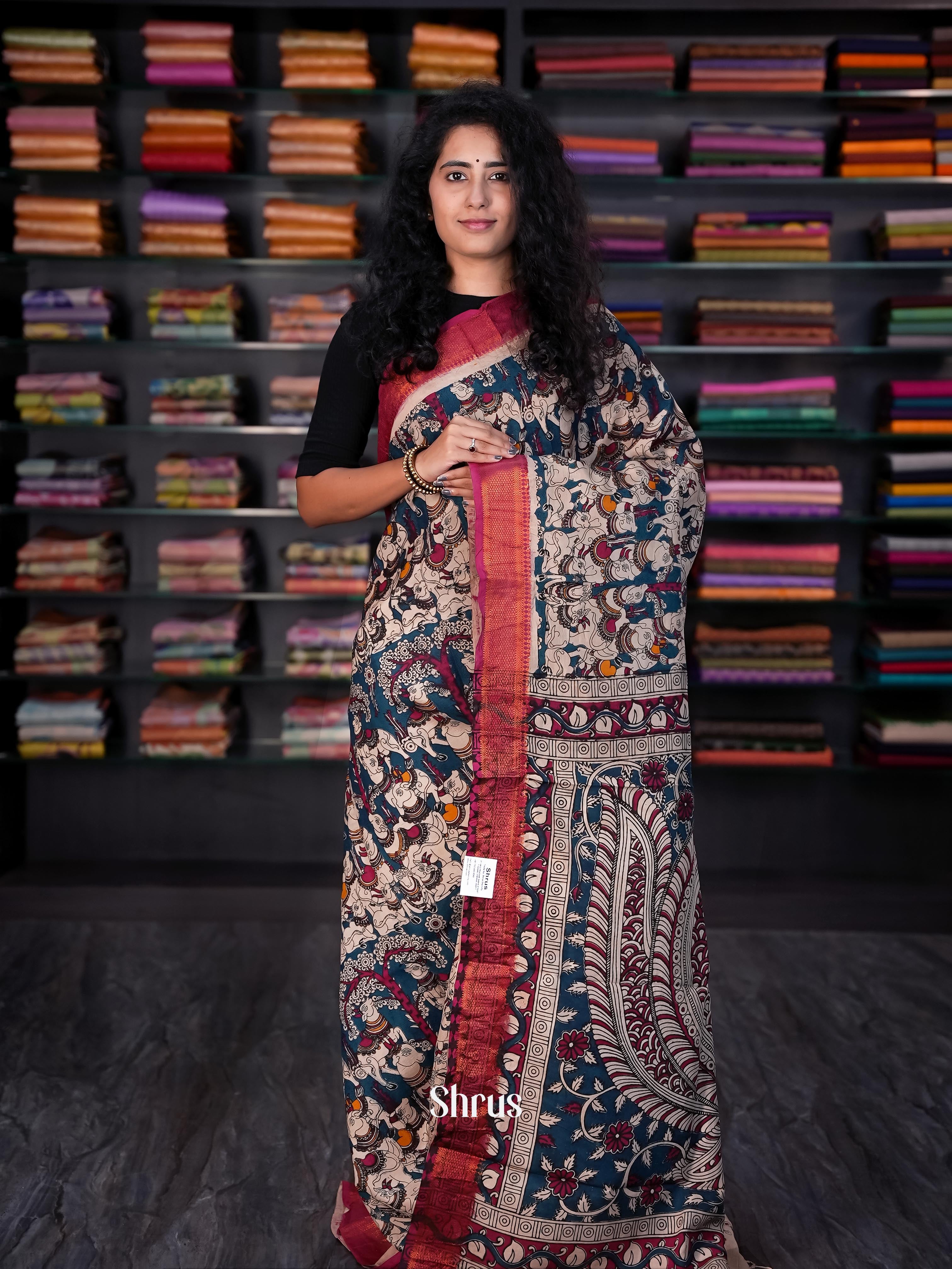 Blue & Maroon - chennur-kalamkari Saree - Shop on Shrus.com