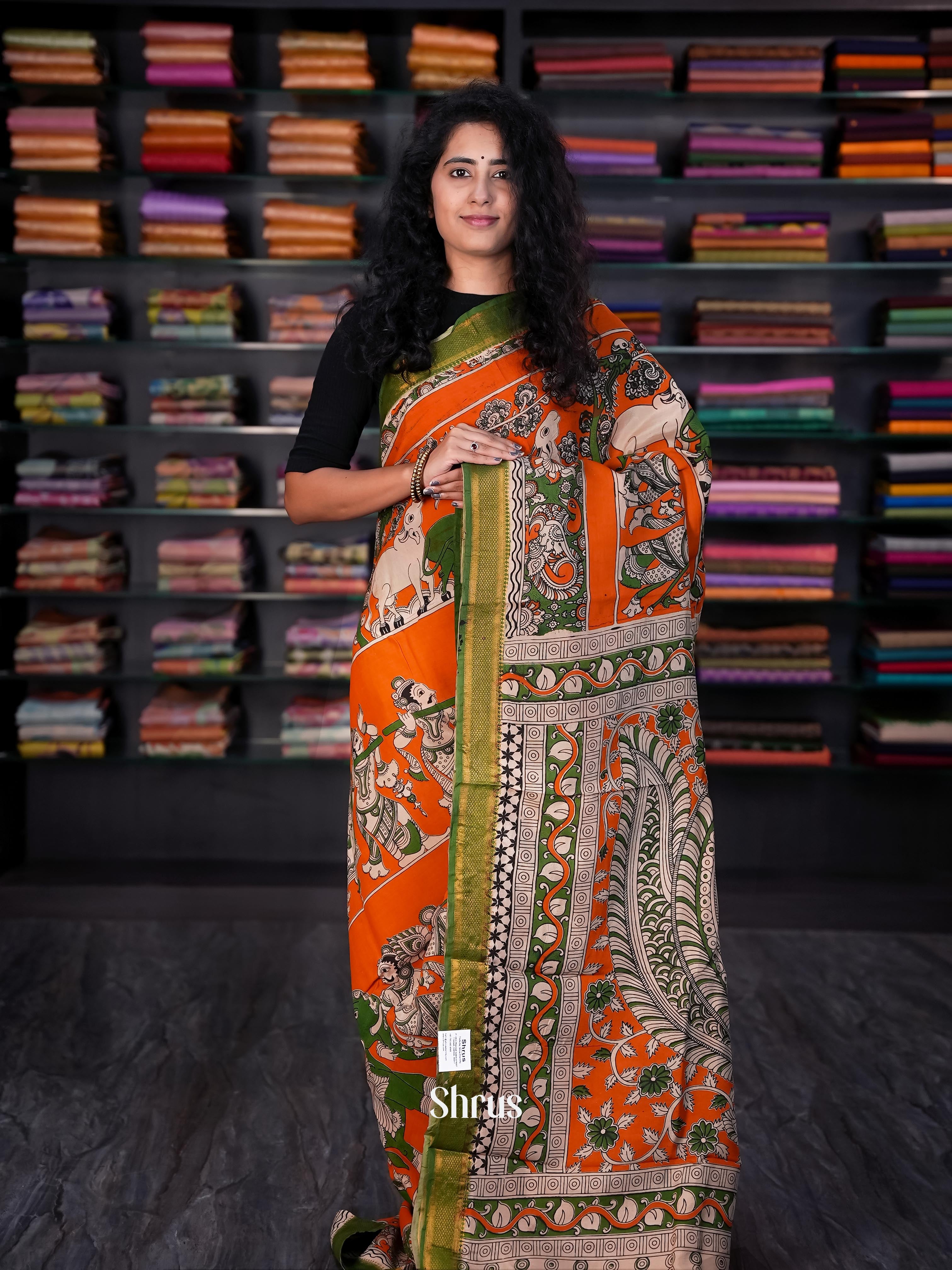 Orange & Green - chennur-kalamkari Saree - Shop on Shrus.com