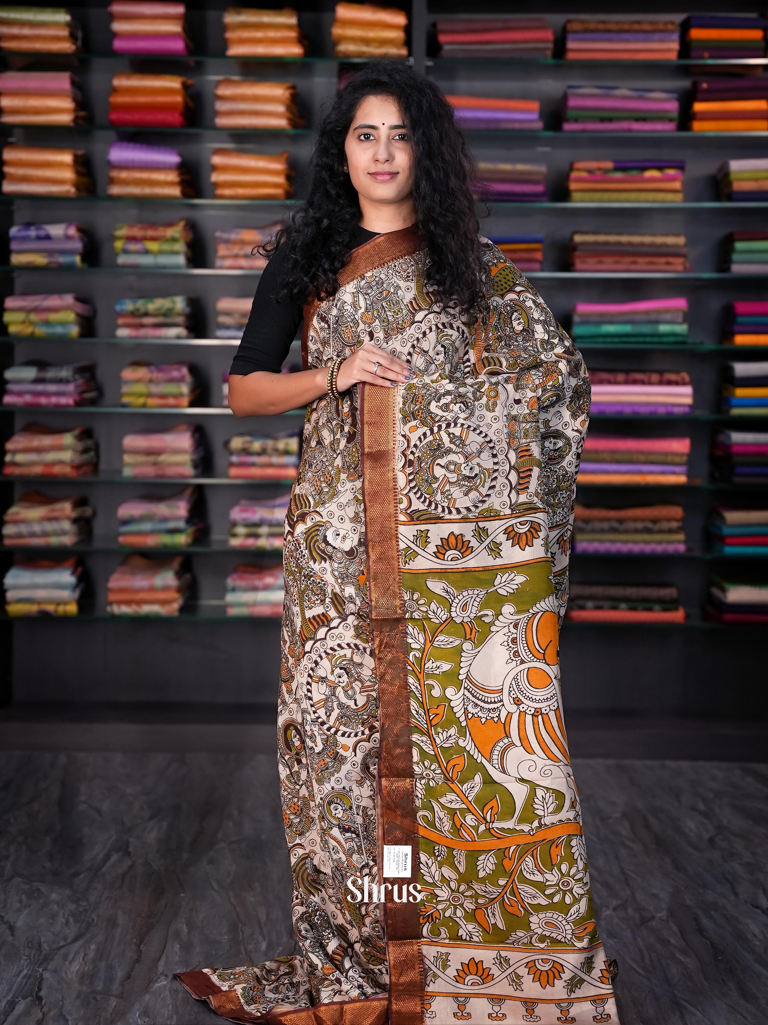 Cream & Brown - chennur-kalamkari Saree - Shop on Shrus.com