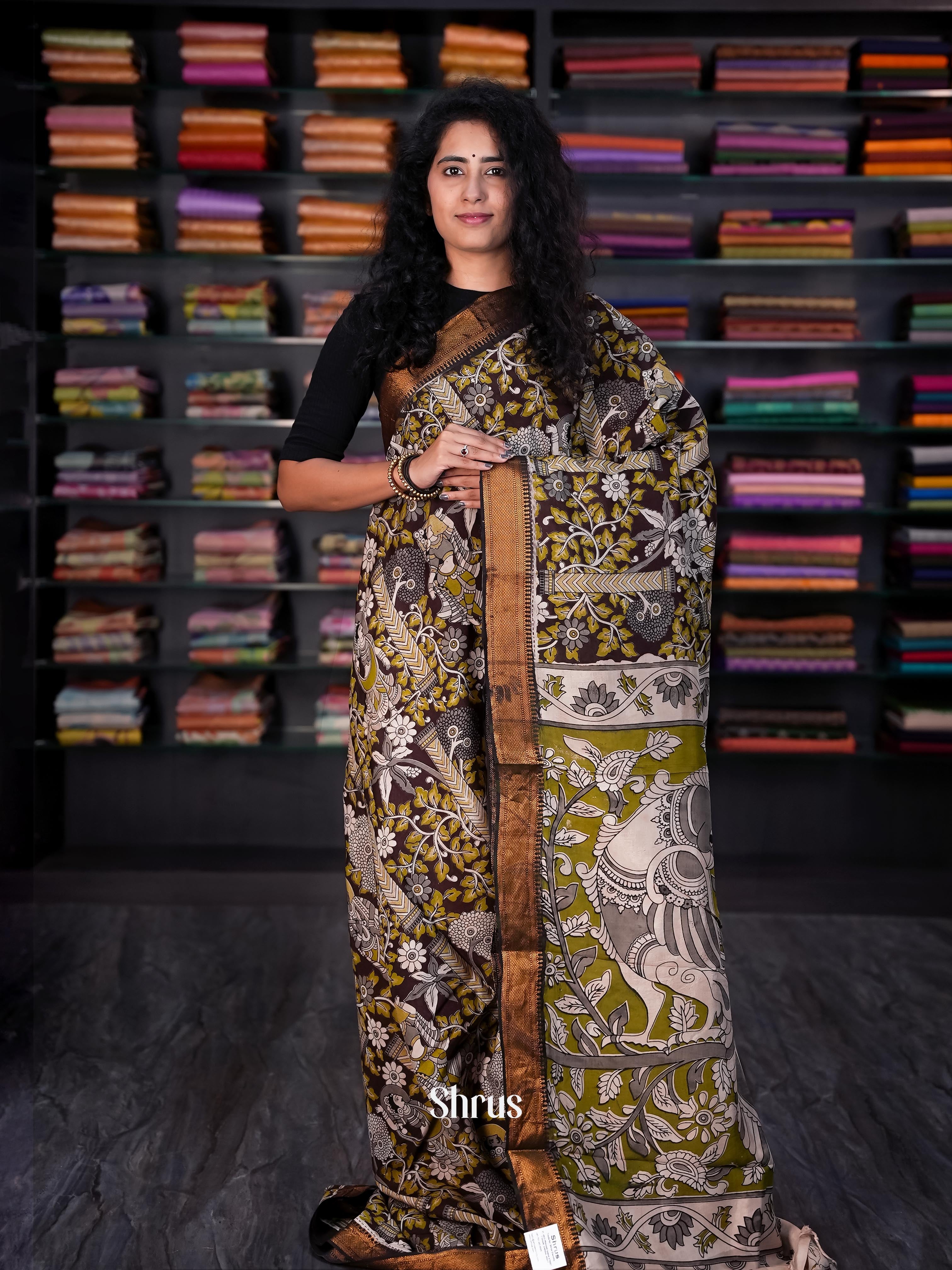 Black & Green - chennur-kalamkari Saree - Shop on Shrus.com