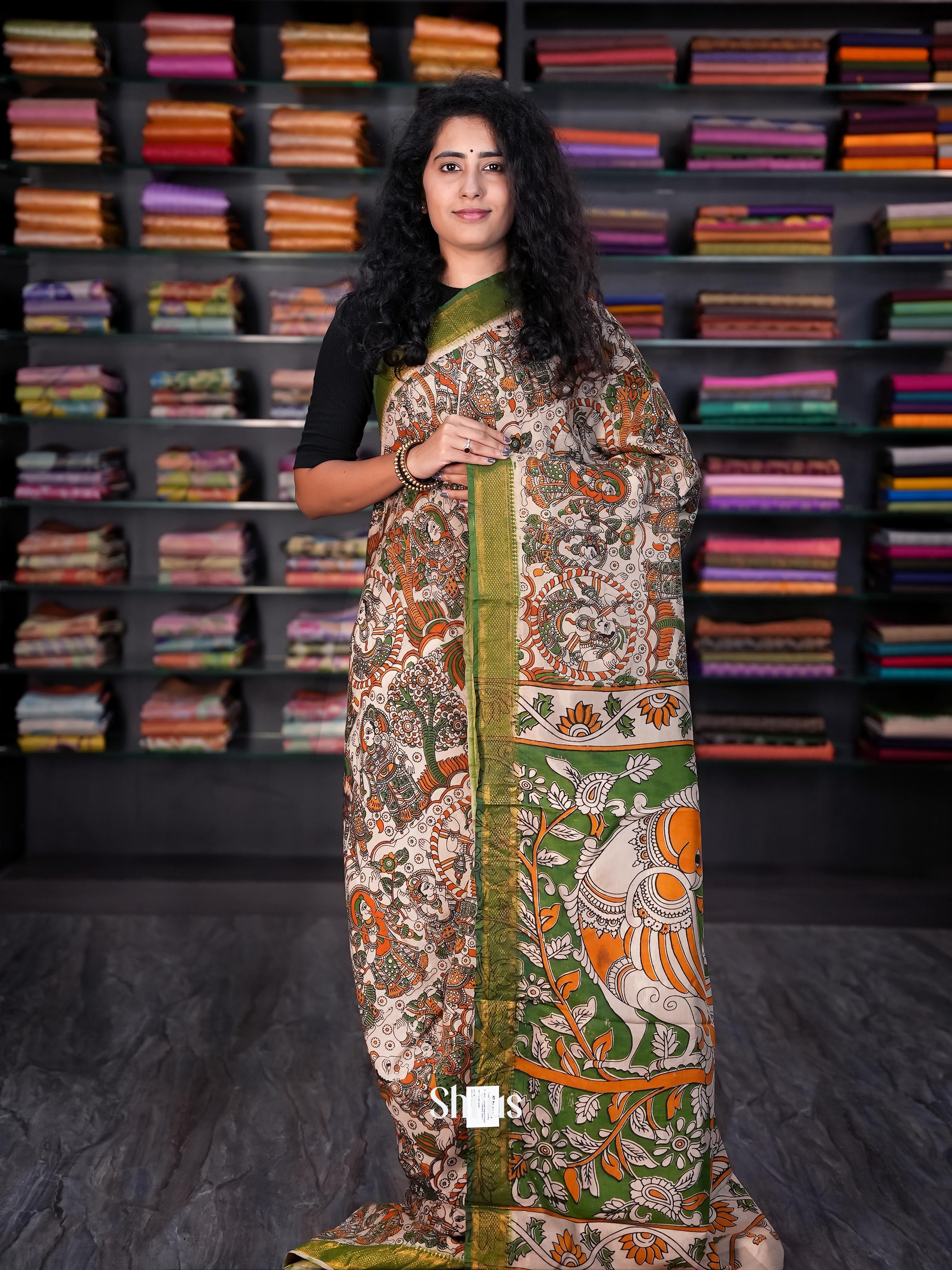 Cream & Green - chennur-kalamkari Saree - Shop on Shrus.com