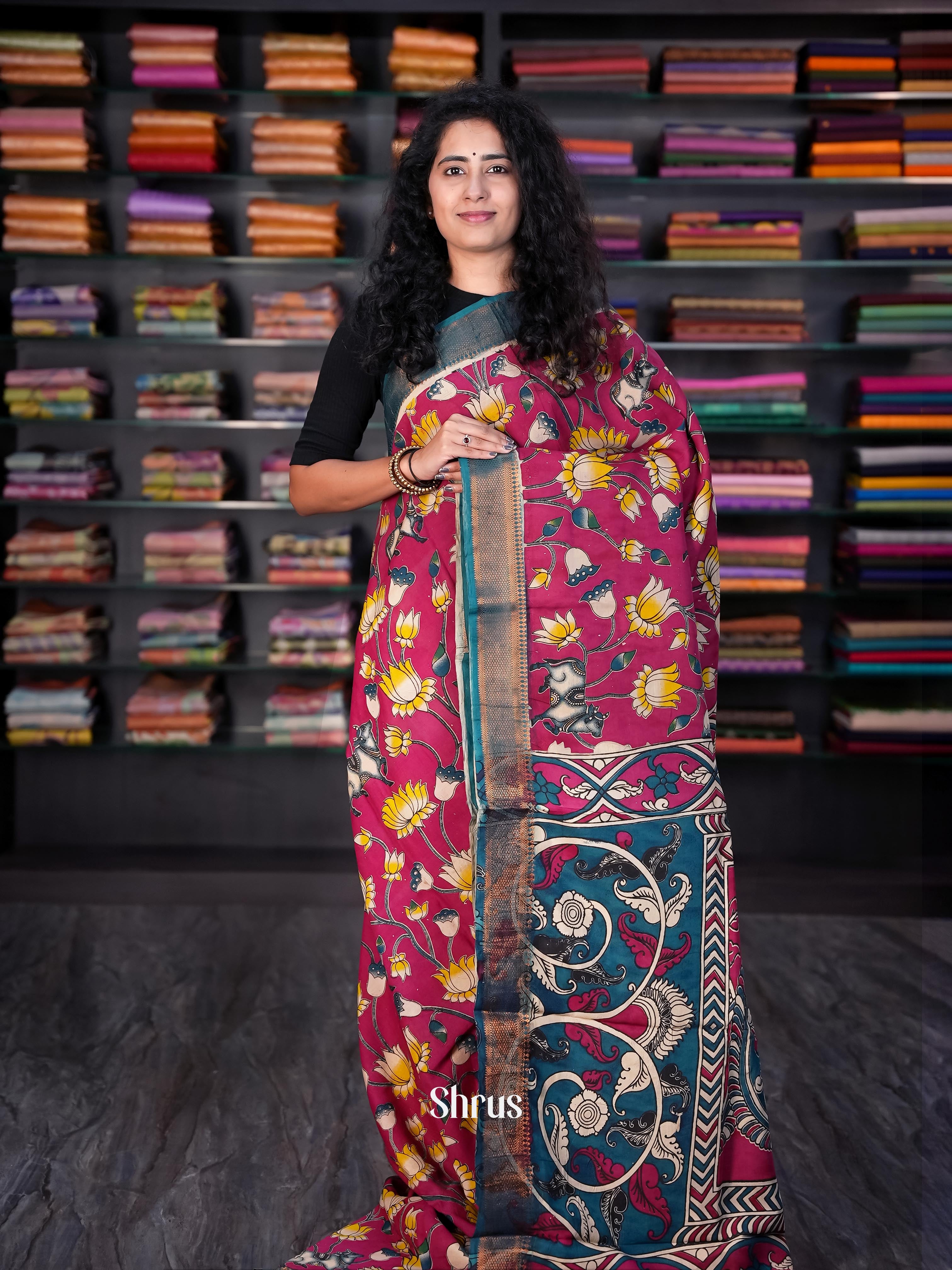 Pink & Blue - chennur-kalamkari Saree - Shop on Shrus.com