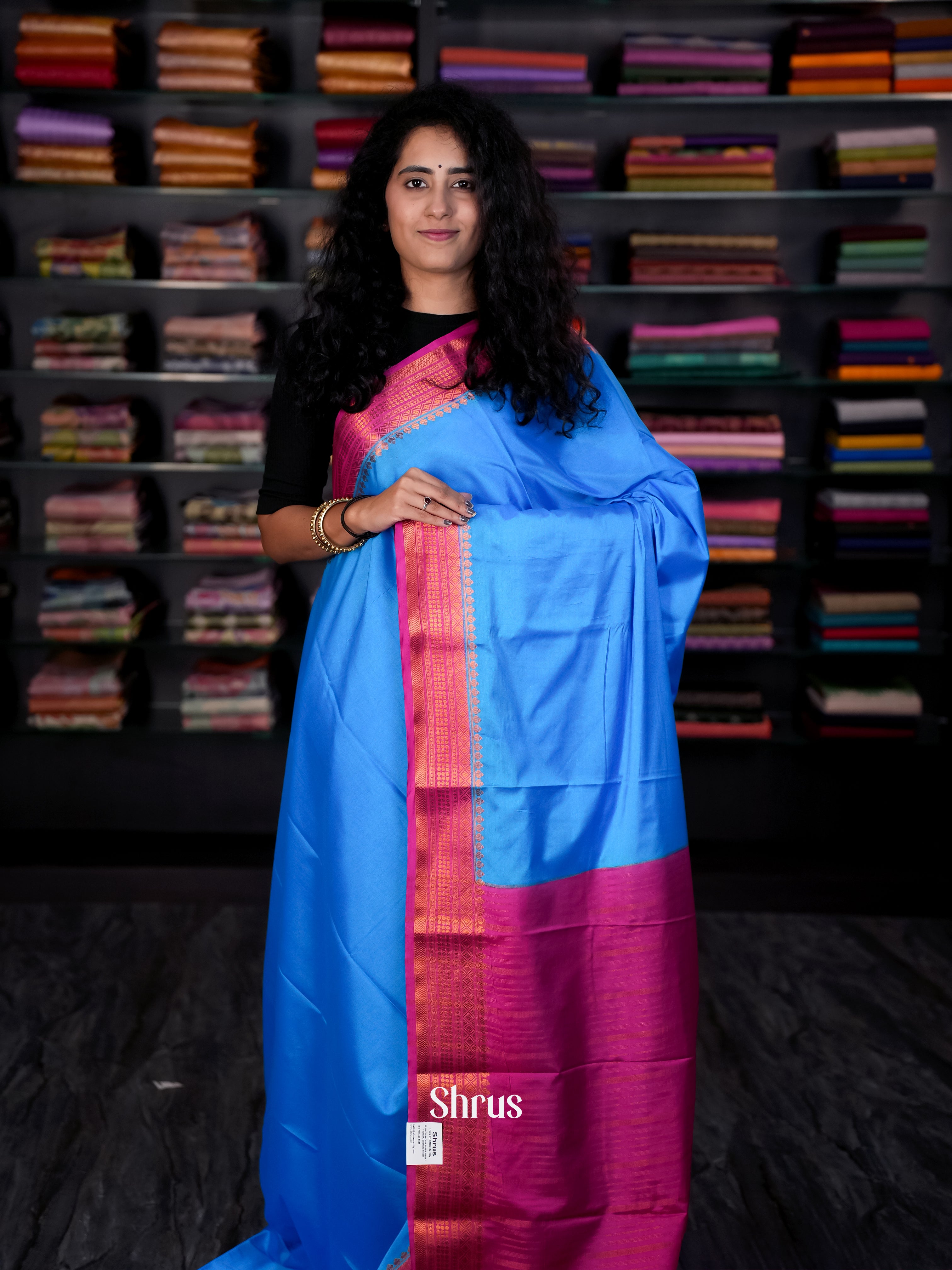 Blue & Pink - Semi Mysore silk Saree - Shop on Shrus.com