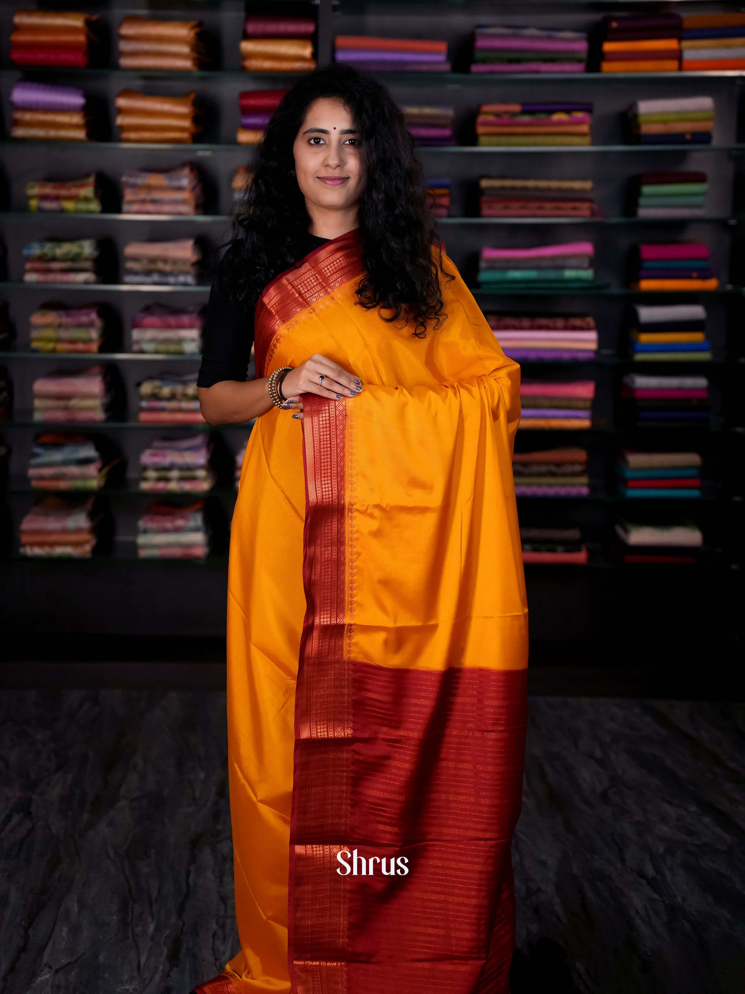 Mustard & Maroon- Semi Mysore silk Saree - Shop on Shrus.com