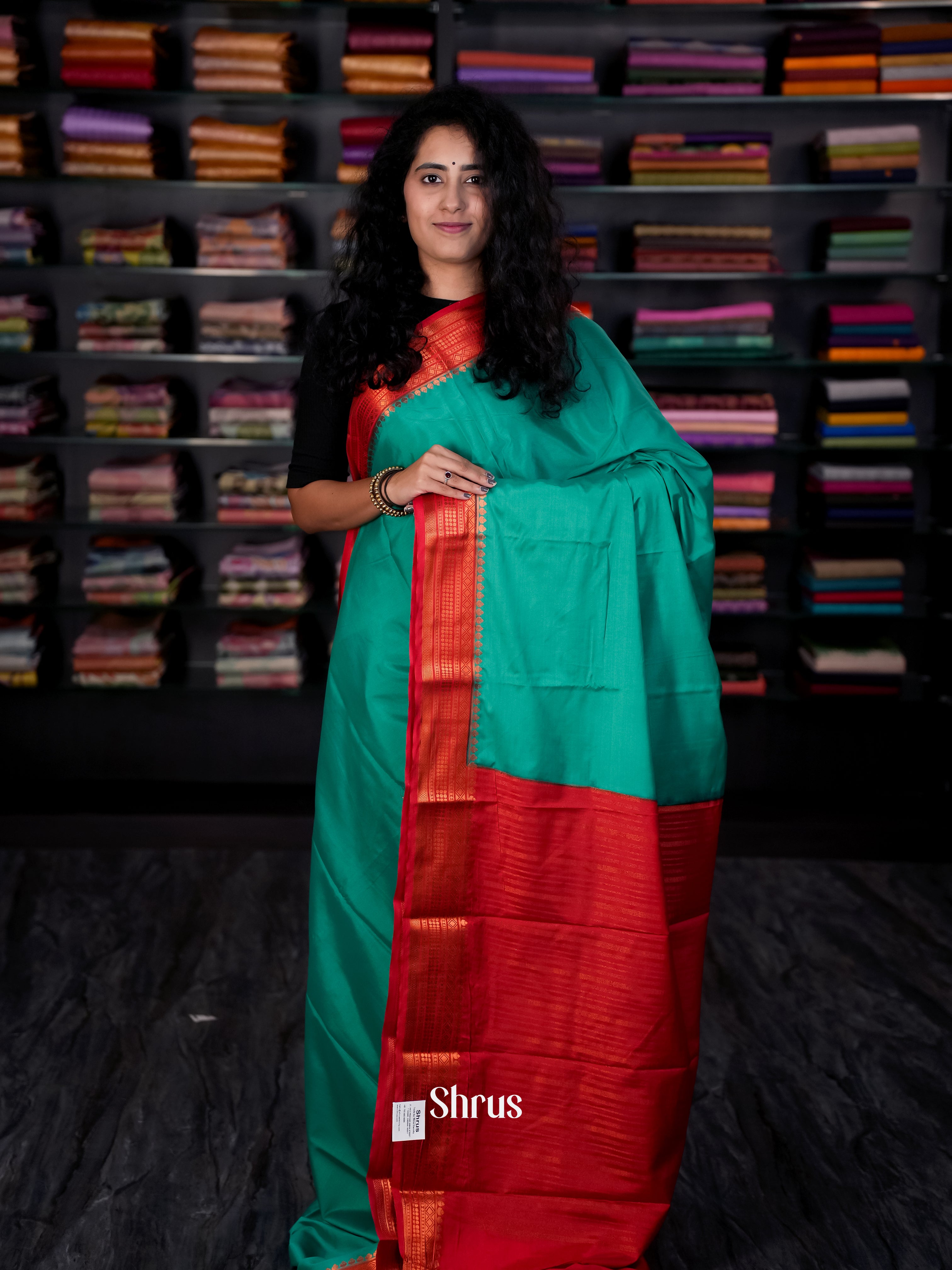 Green & Red - Semi Mysore silk Saree - Shop on Shrus.com