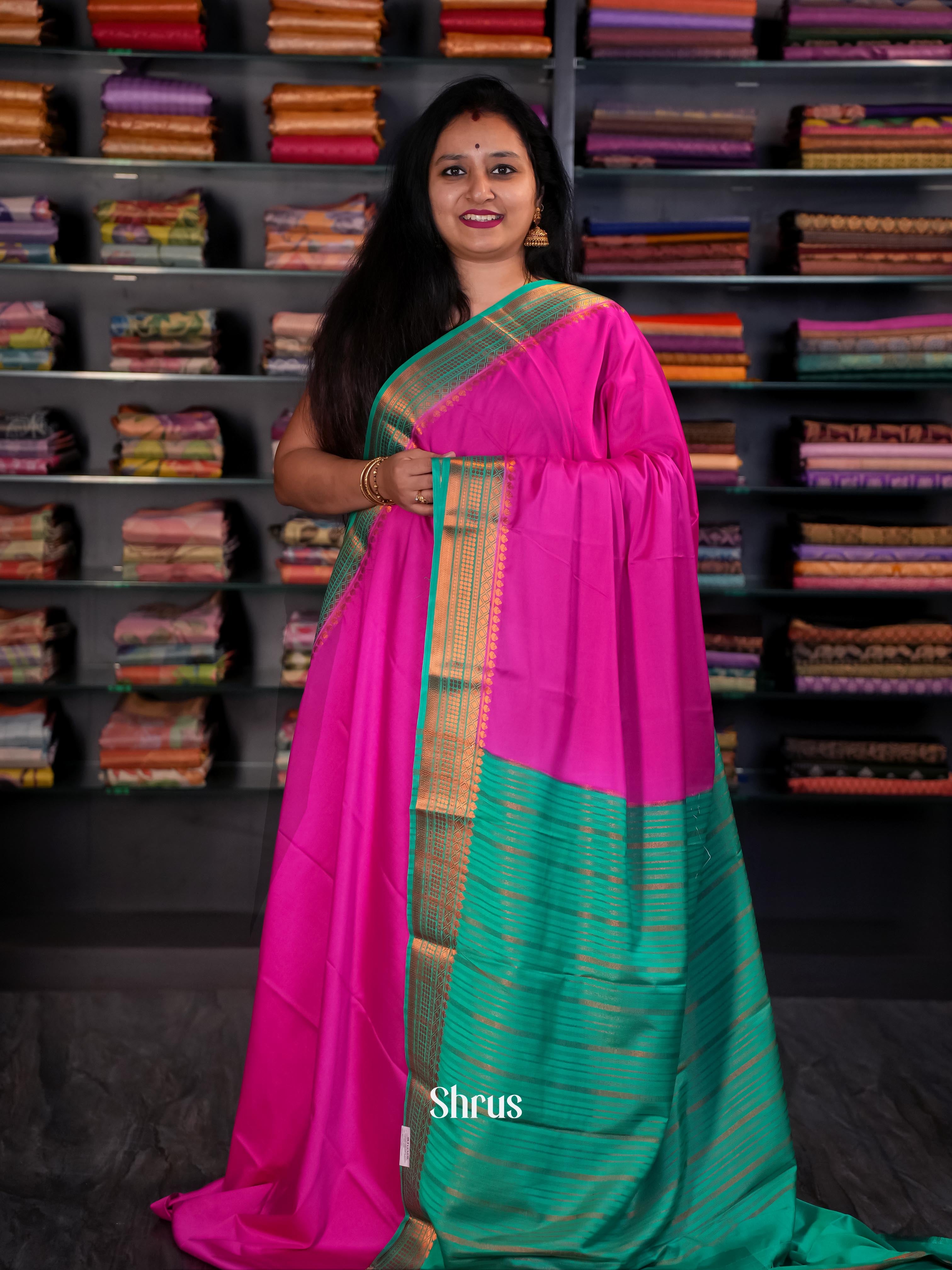 Pink & Green - Semi Mysore silk Saree - Shop on Shrus.com
