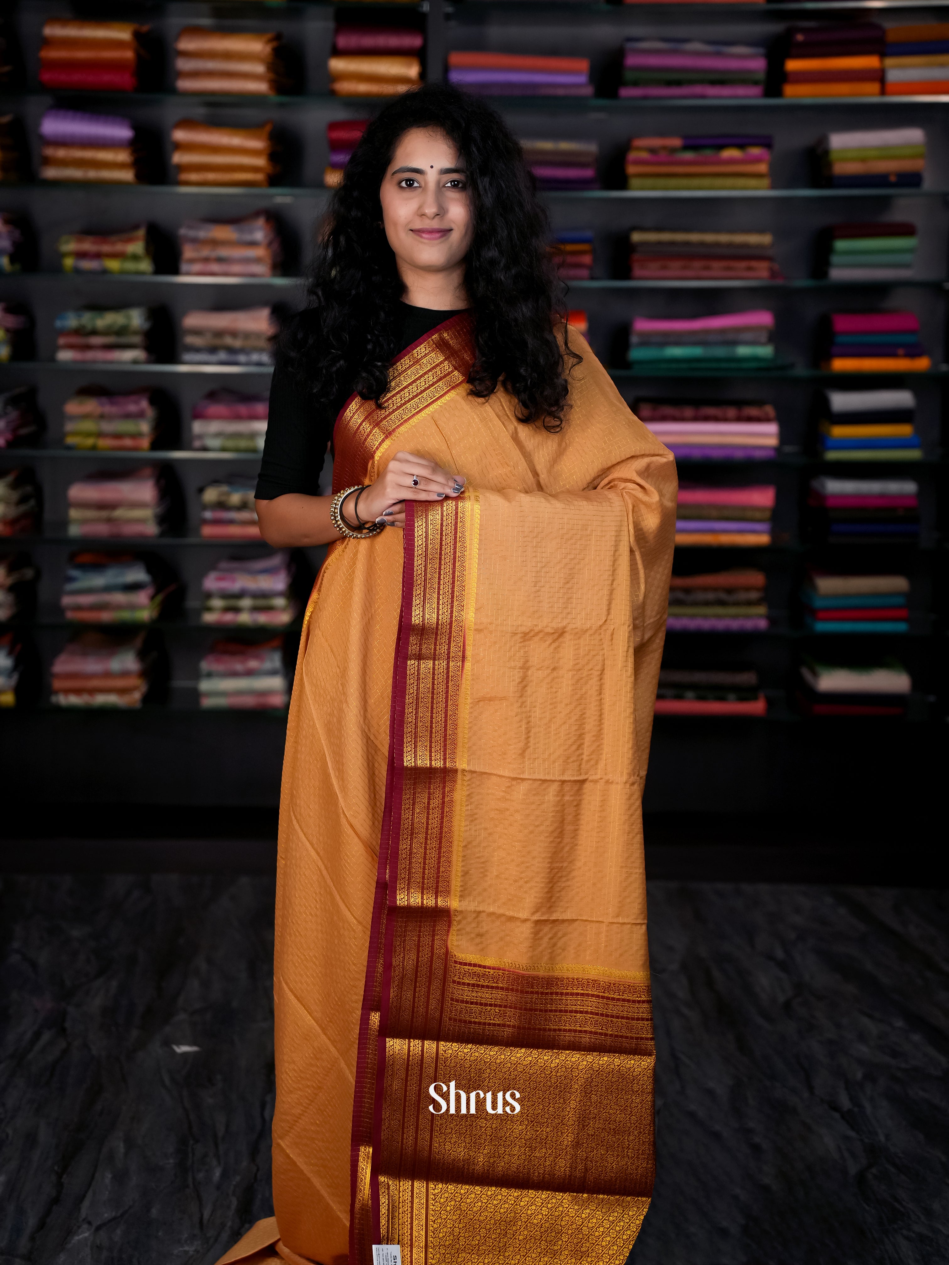 Sandal & Maroon - Semi Mysore silk Saree - Shop on Shrus.com