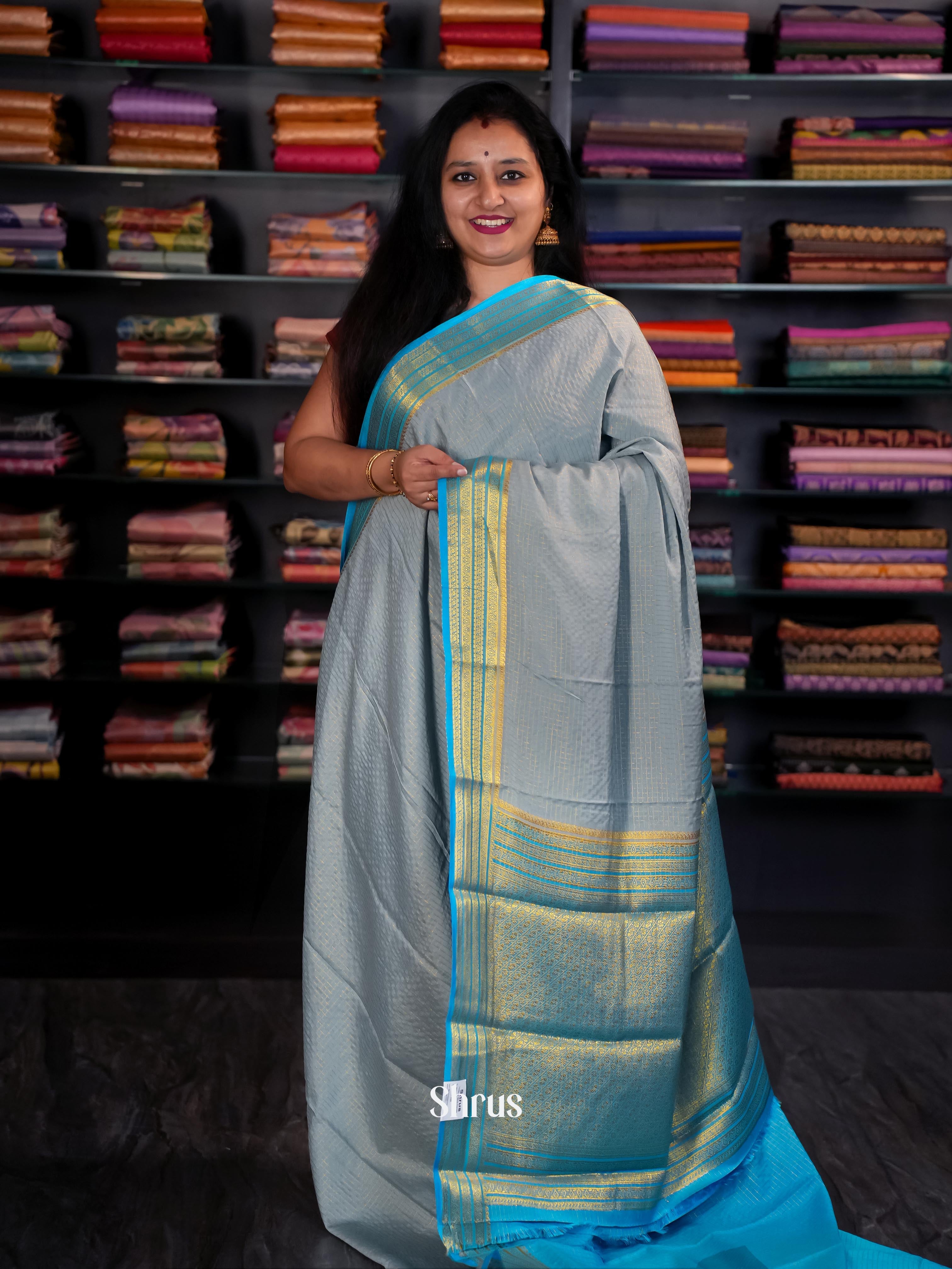 Grey & Teal - Semi Mysore silk Saree - Shop on Shrus.com