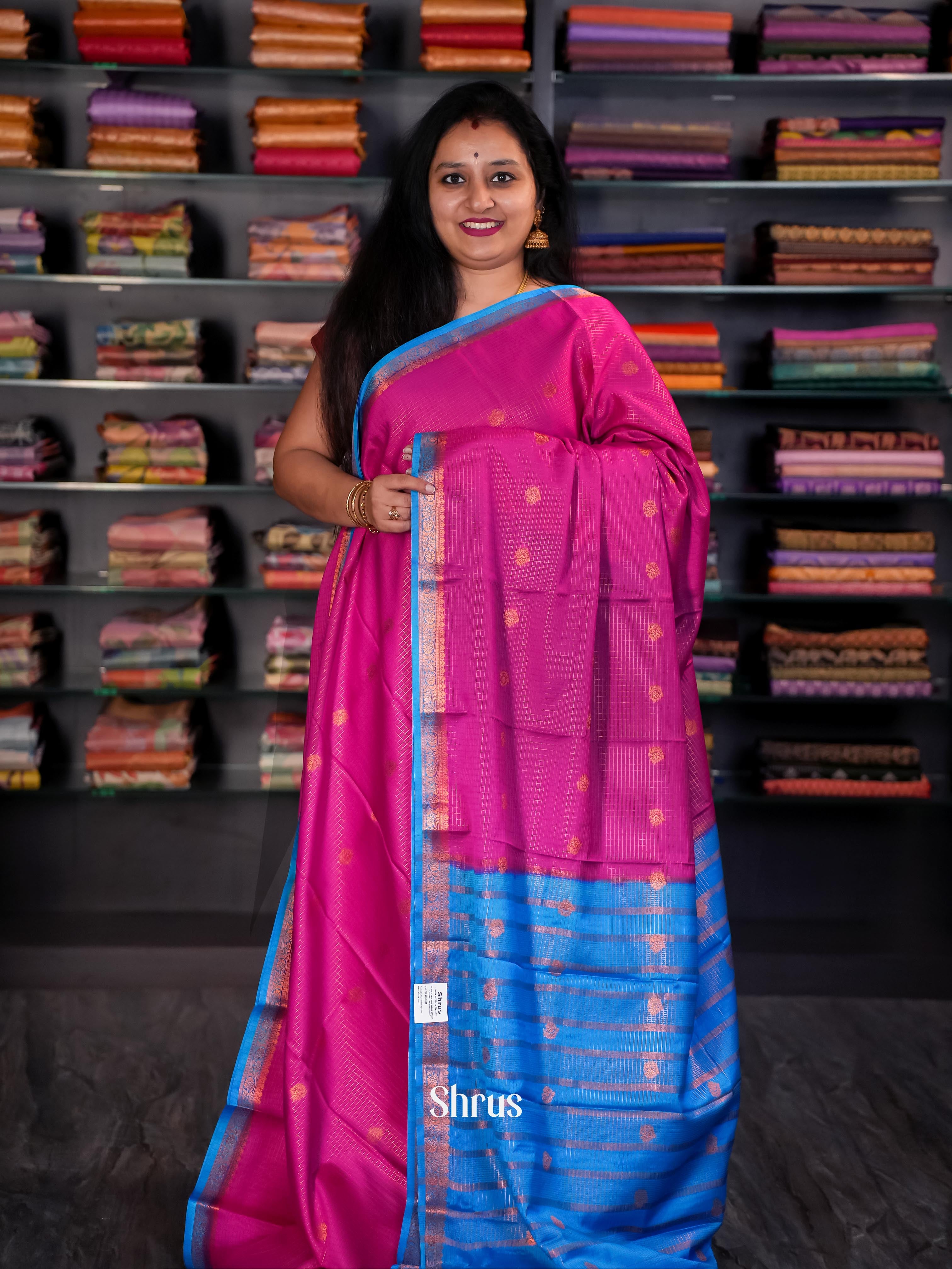 Pink & Blue - Semi Mysore silk Saree - Shop on Shrus.com
