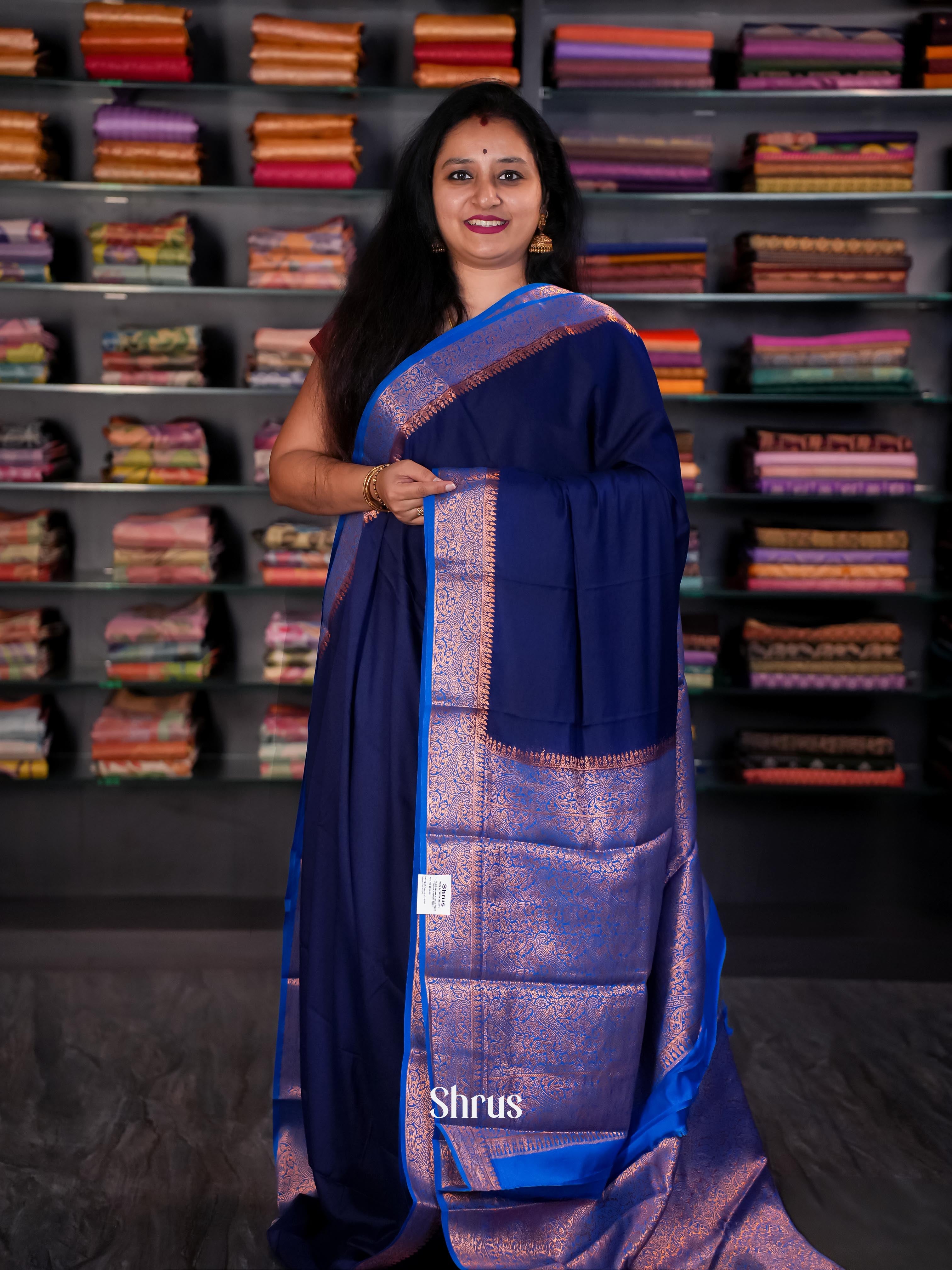 Navy Blue & Blue Semi Mysore silk Saree - Shop on Shrus.com