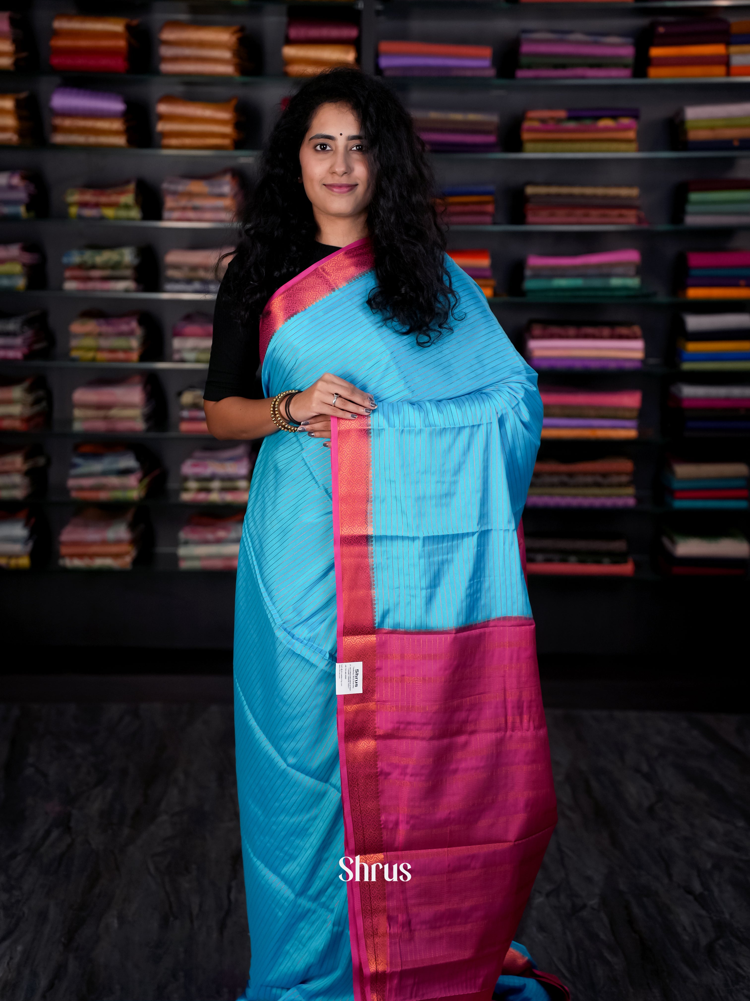 Teal & Pink - Semi Mysore silk Saree - Shop on Shrus.com