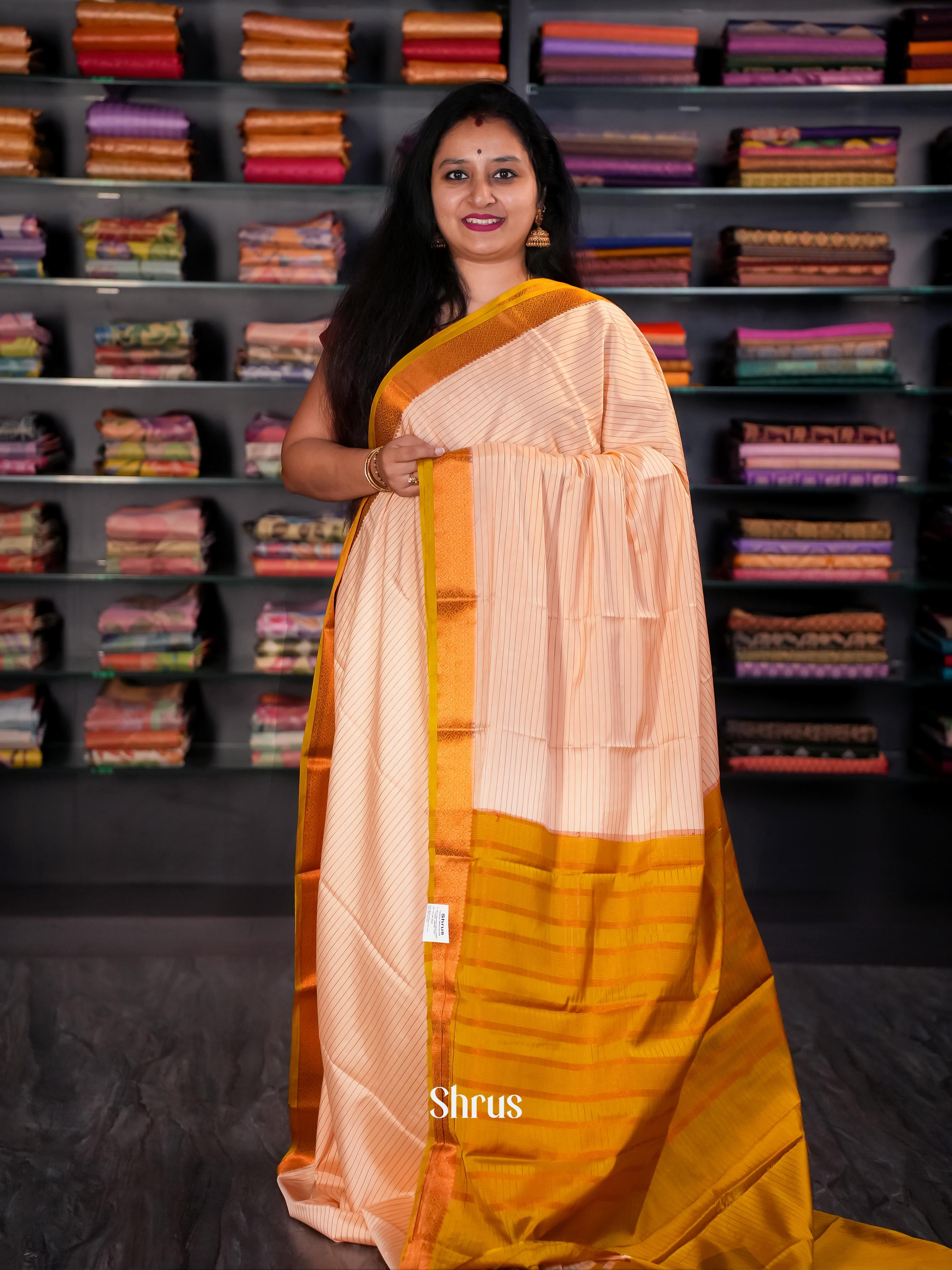 Peach & Yellow - Semi Mysore silk Saree - Shop on Shrus.com