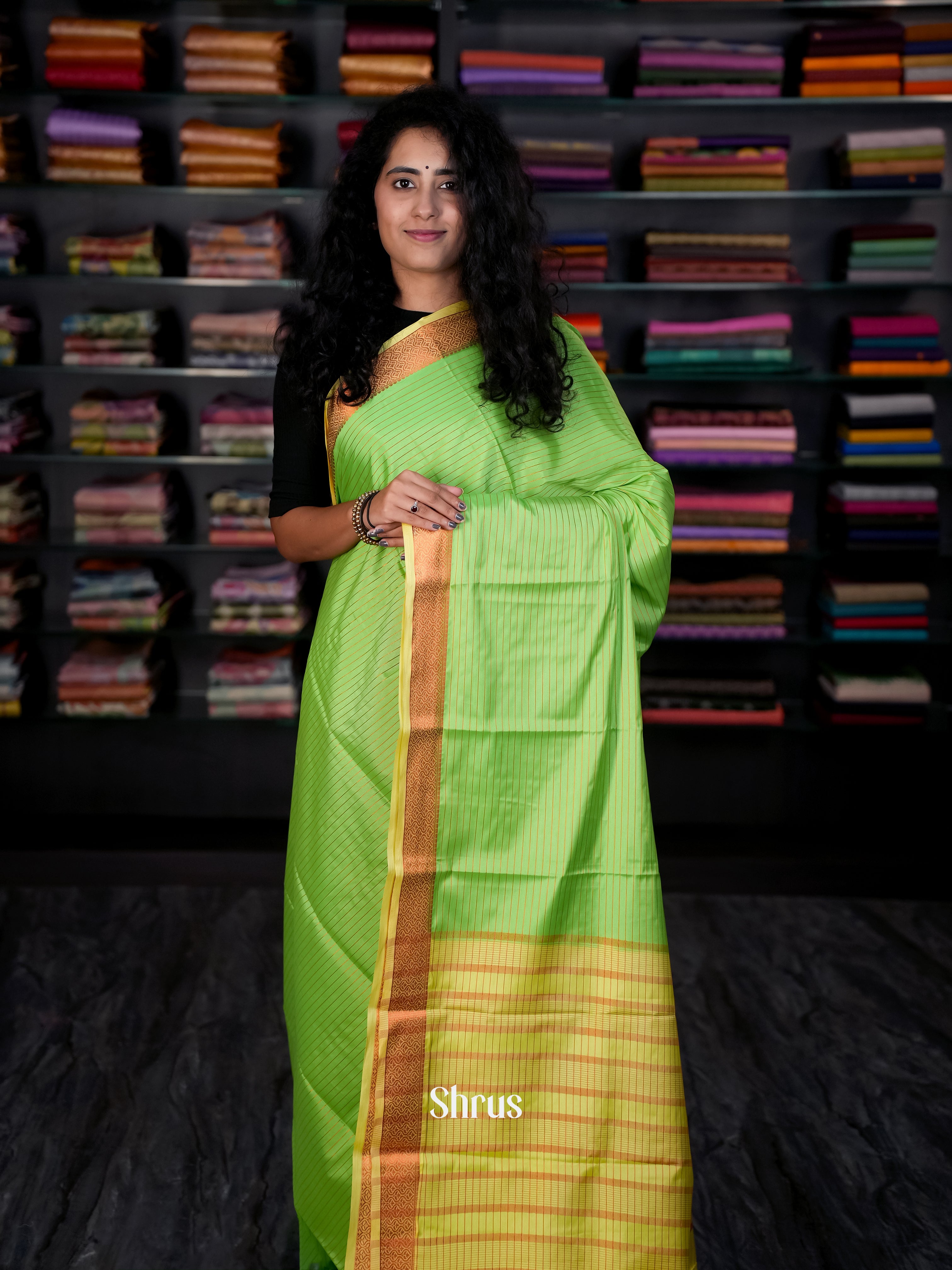 Pista Green & Yellow - Semi Mysore silk Saree - Shop on Shrus.com