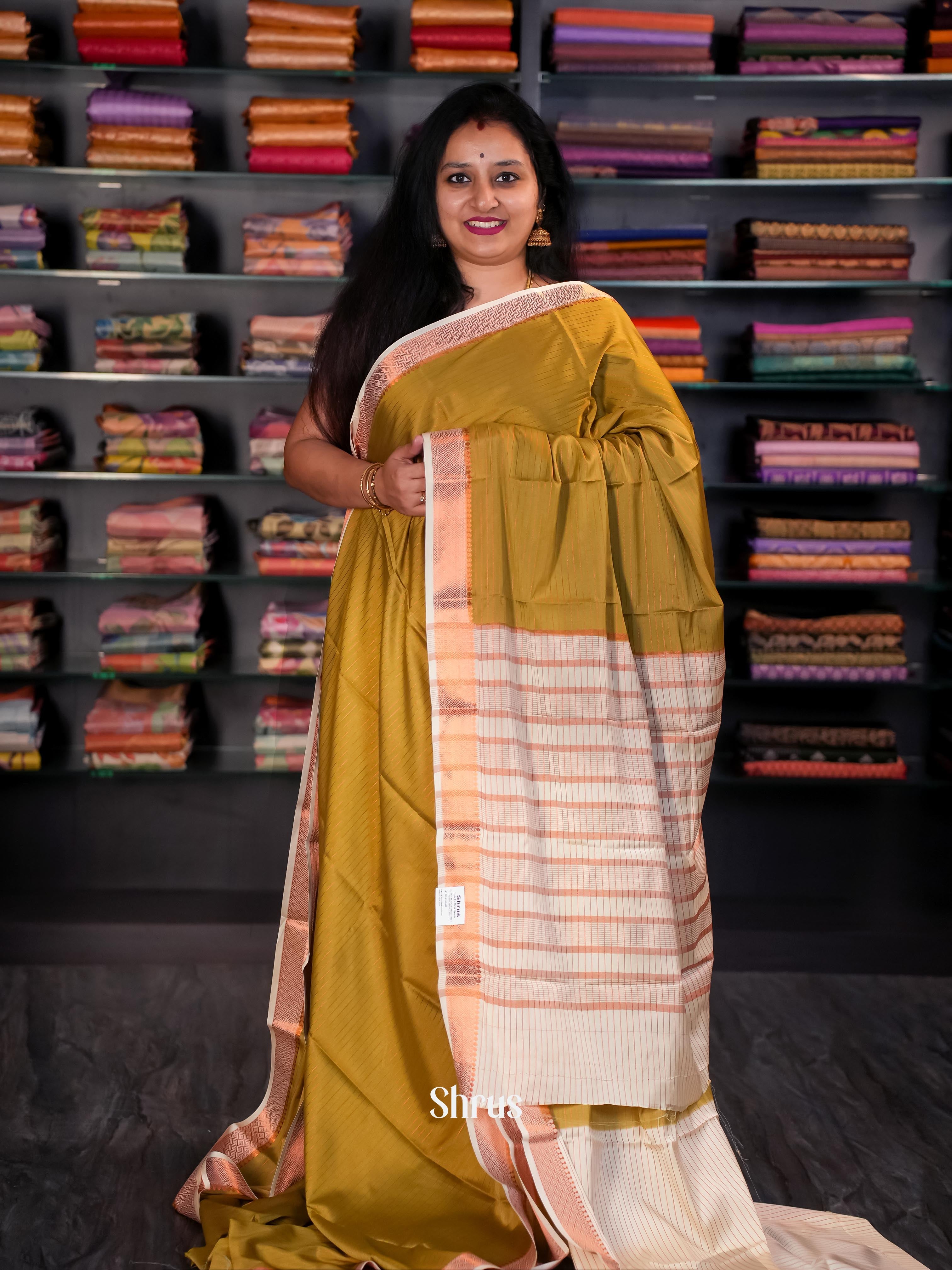 Mehandi Green & Cream - Semi Mysore silk Saree - Shop on Shrus.com