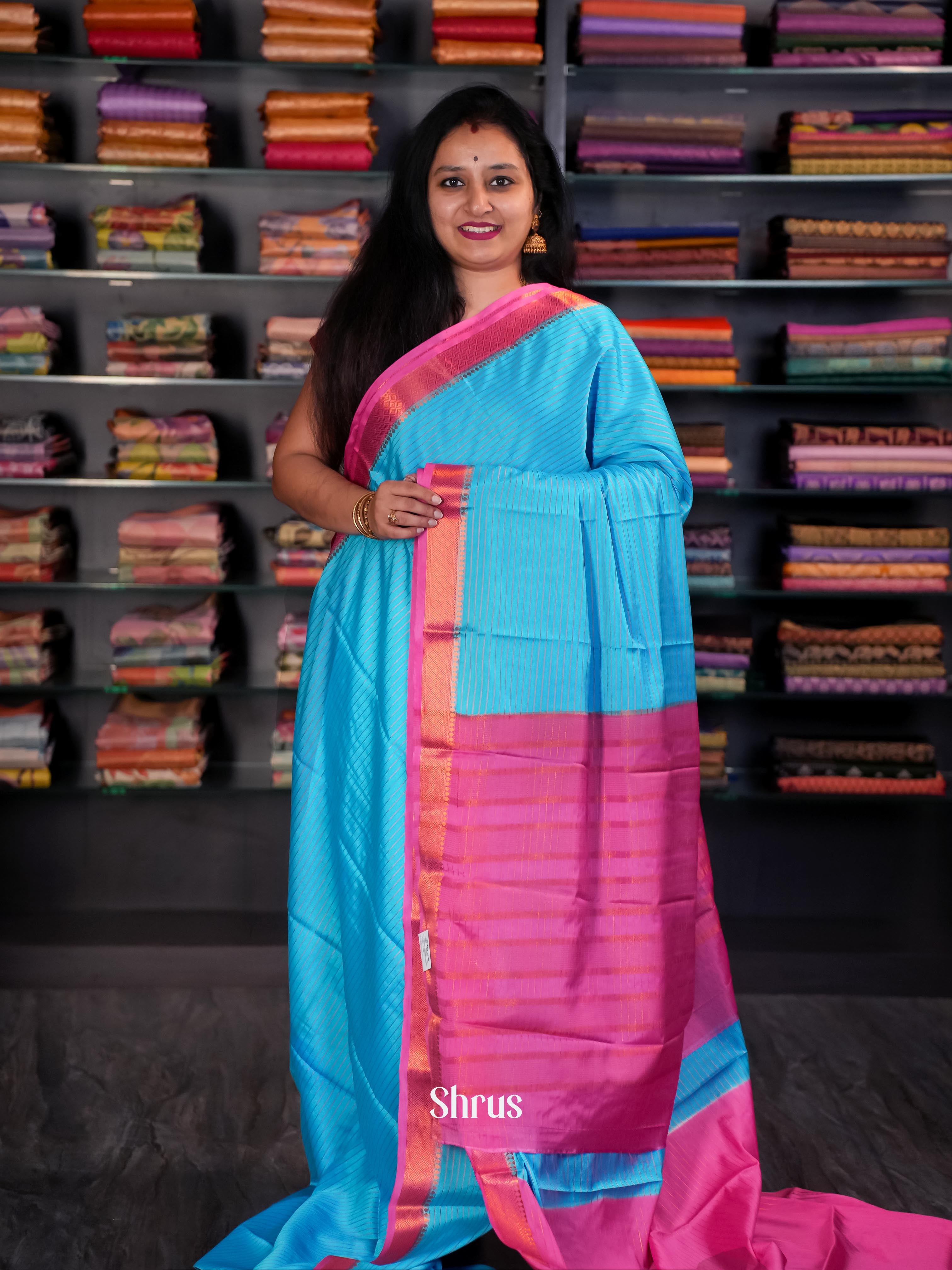 Blue & Pink- Semi Mysore silk Saree - Shop on Shrus.com