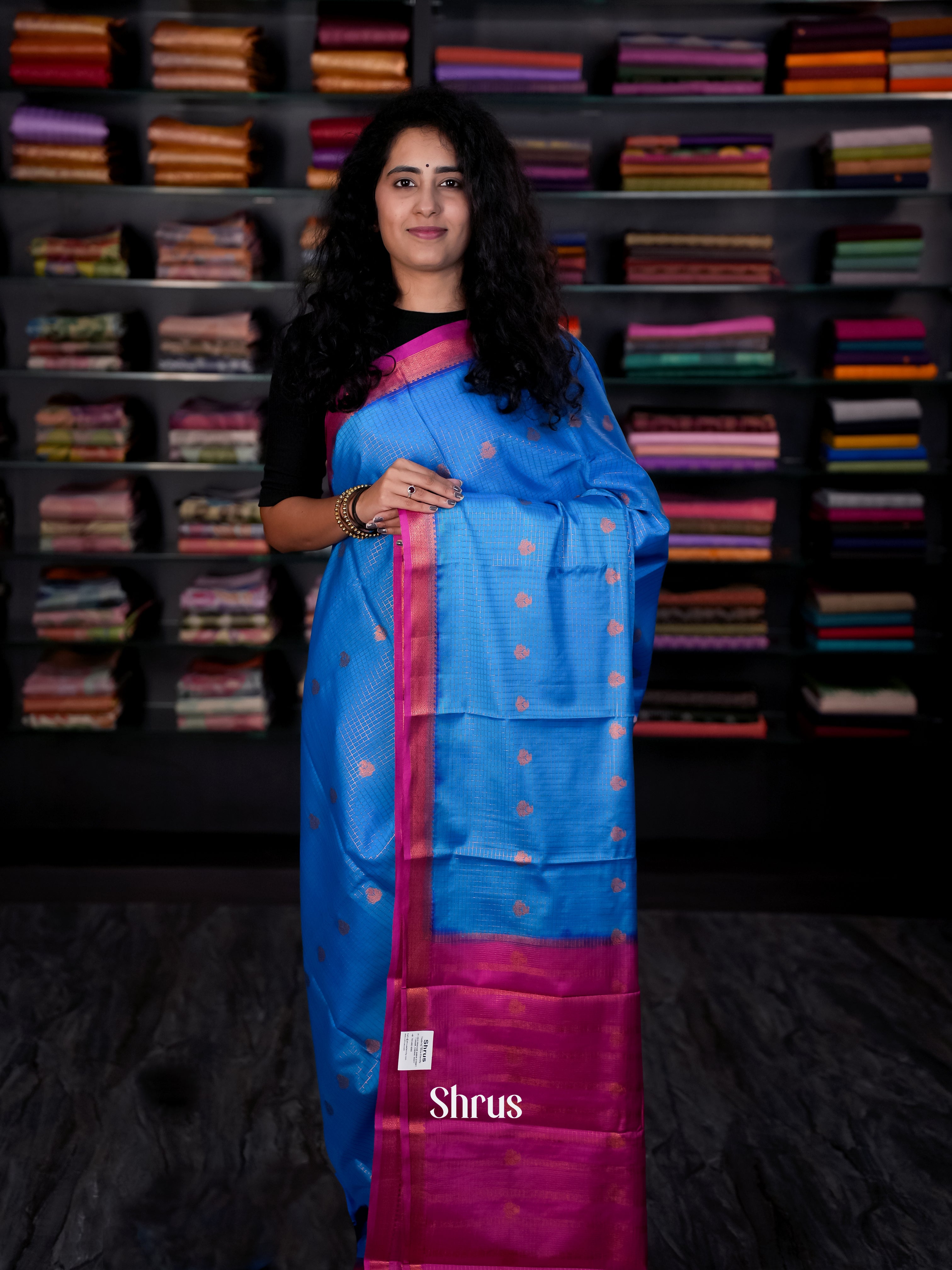 Blue & Pink - Semi Mysore silk Saree - Shop on Shrus.com