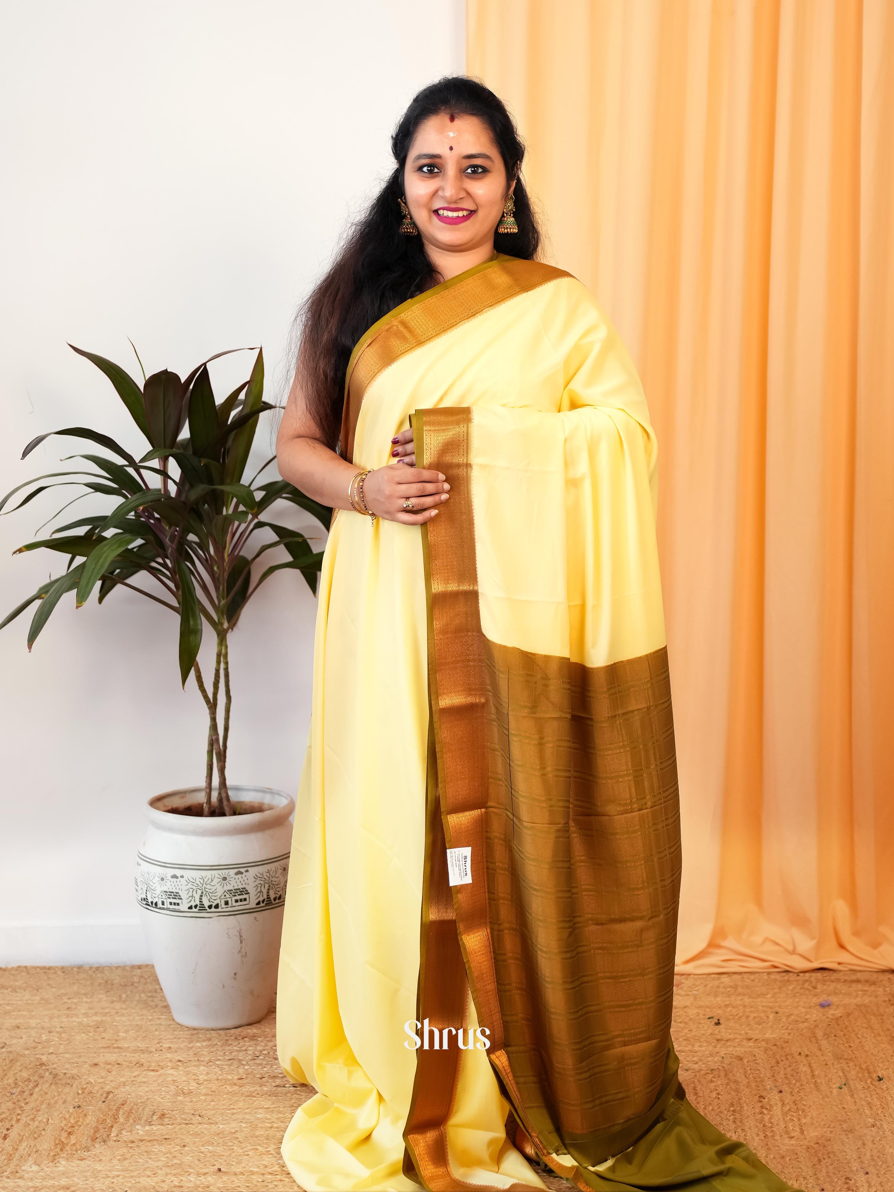 Pale Yellow & Green - Semi Mysoresilk Saree - Shop on Shrus.com