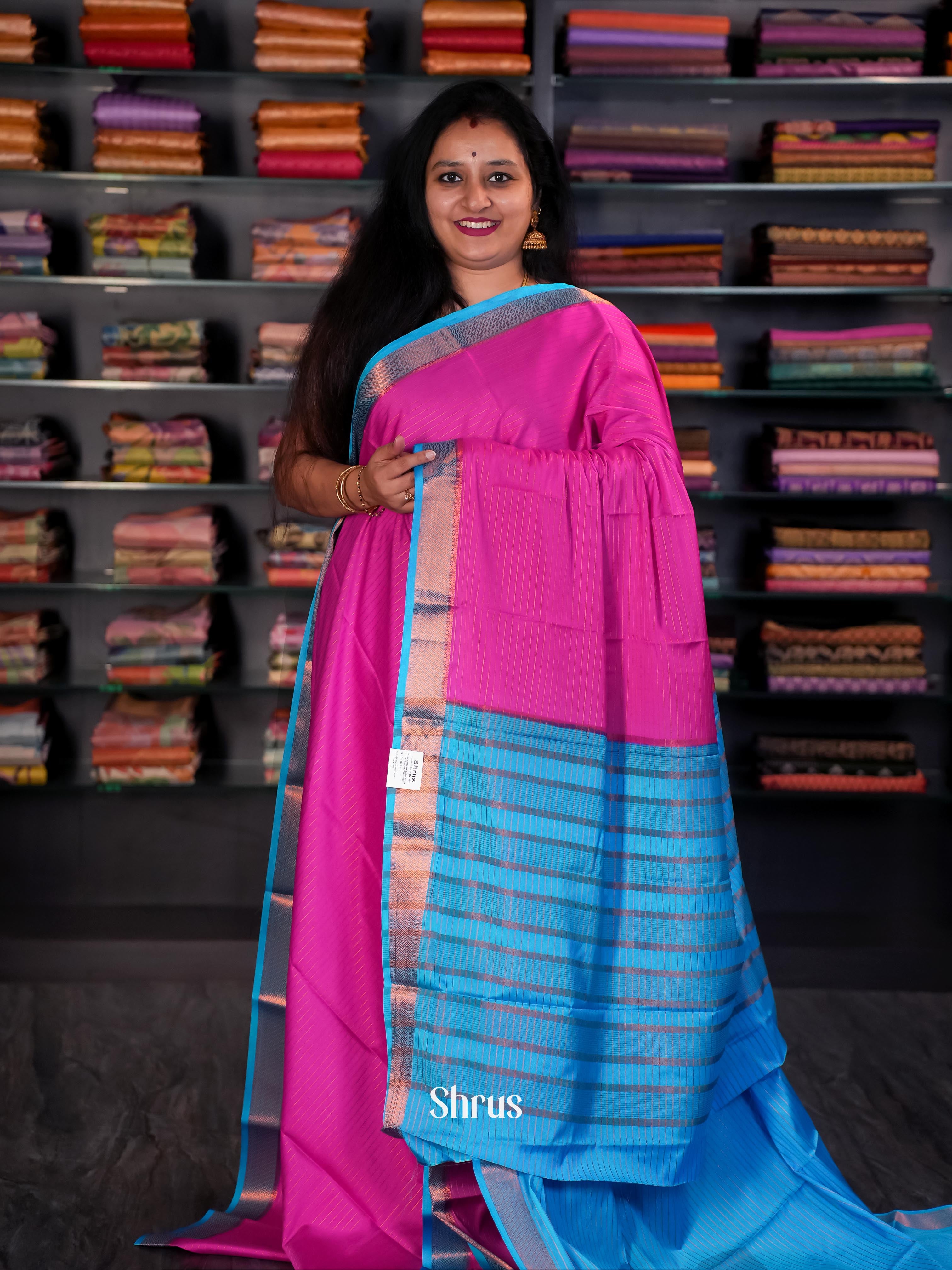 Pink & Blue - Semi Mysore silk Saree - Shop on Shrus.com