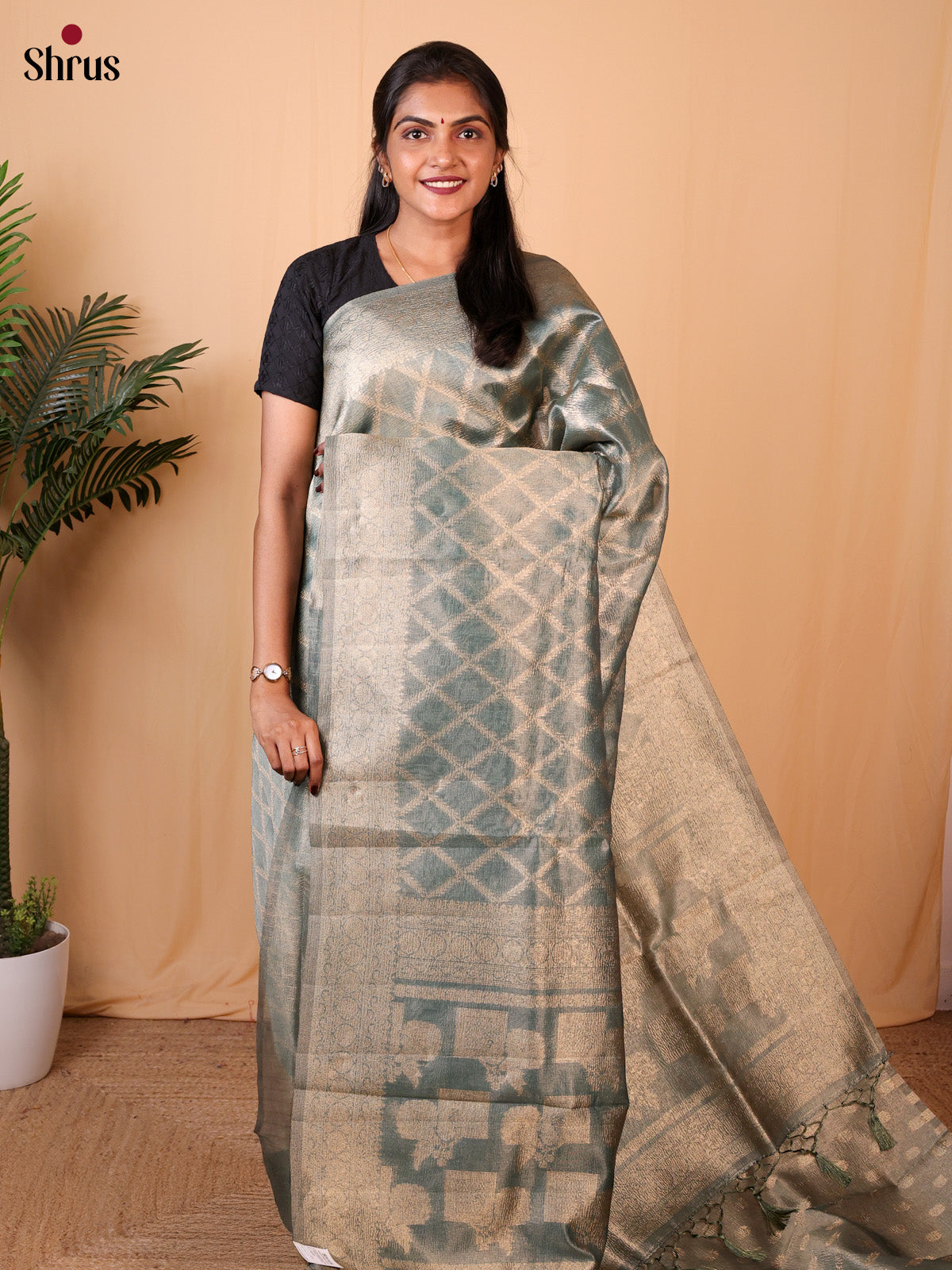 Bluish Grey- Semi Dupion Saree - Shop on Shrus.com