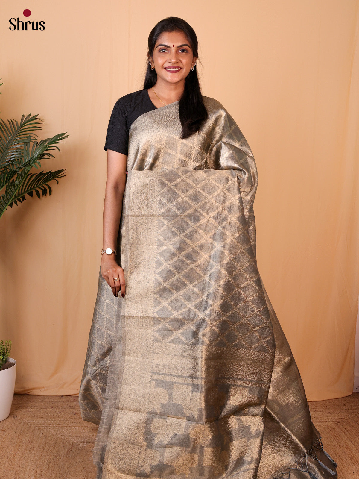 Grey - Semi Dupion Saree - Shop on Shrus.com