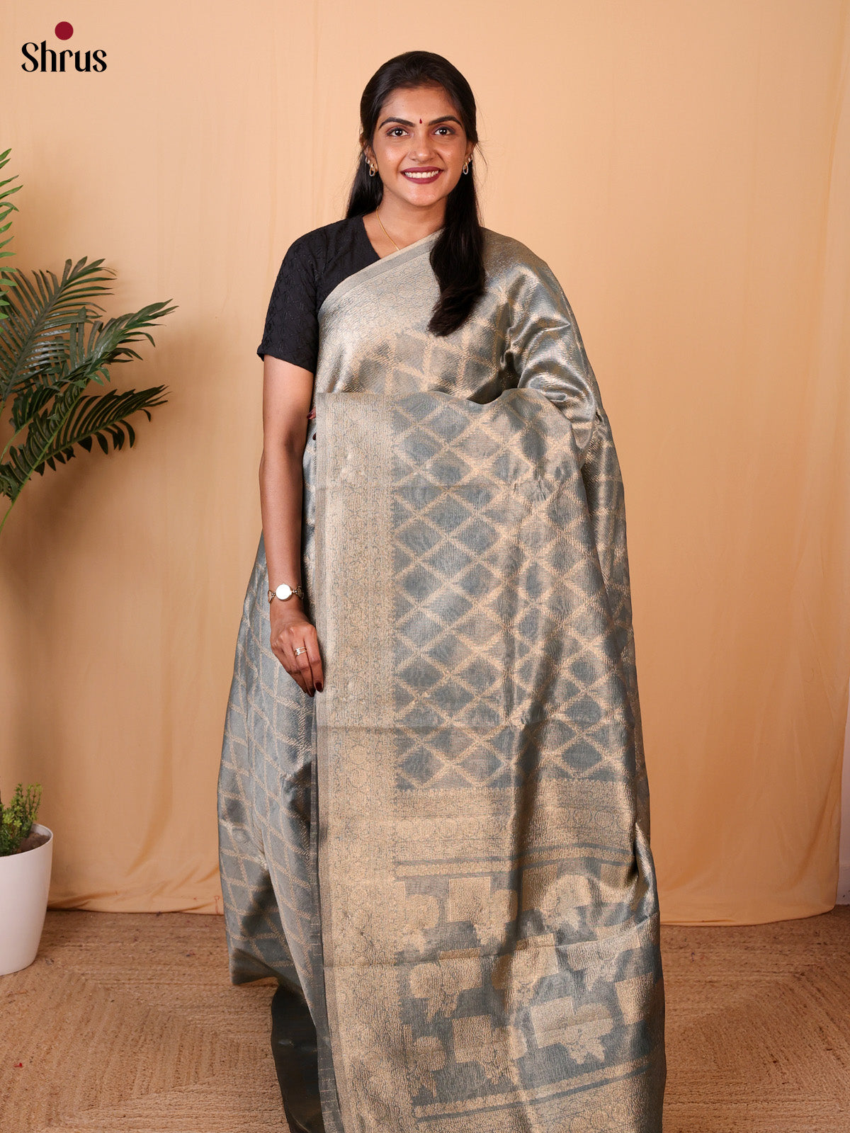 Greyish Blue - Semi Dupion Saree - Shop on Shrus.com