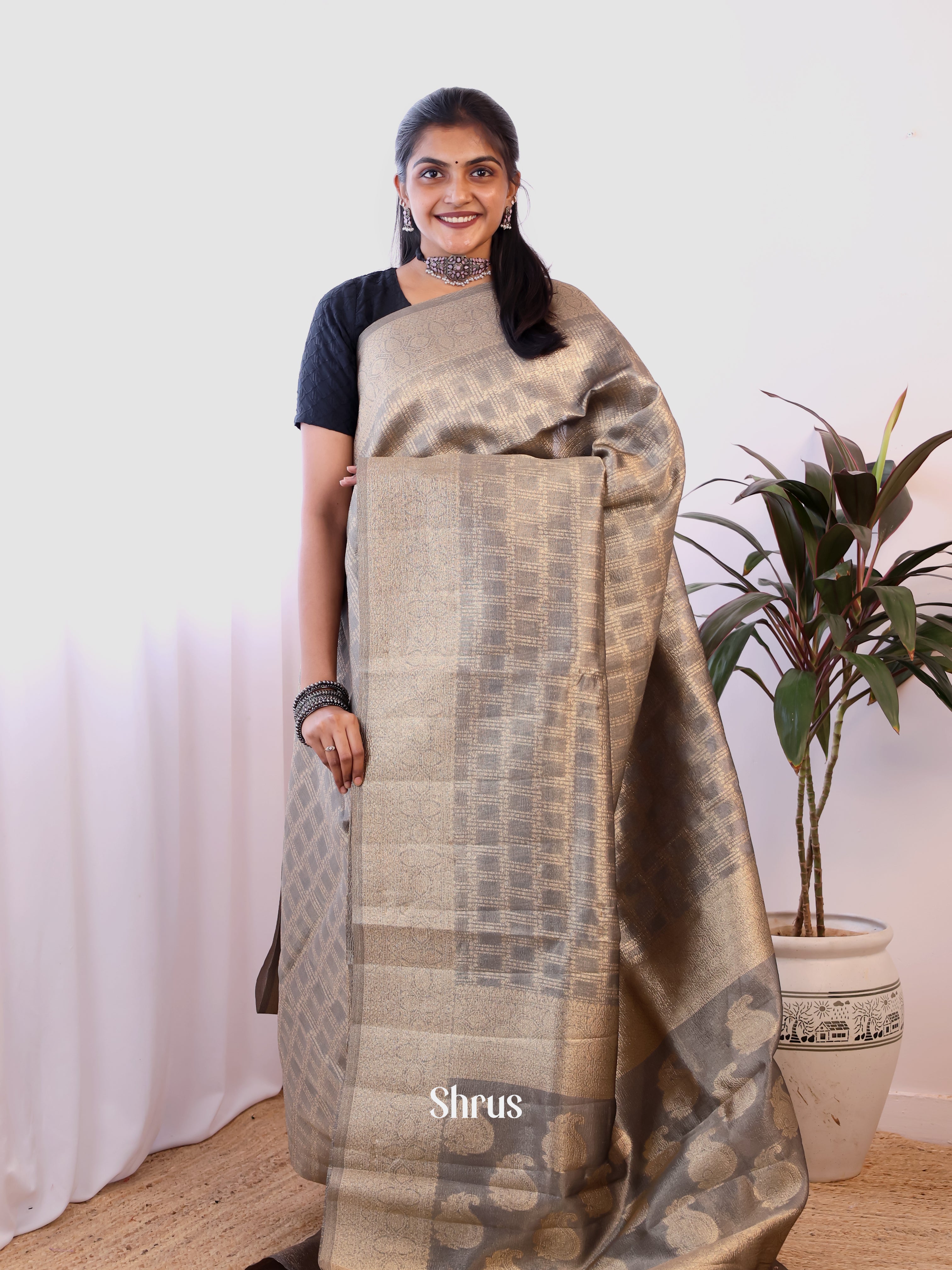 Grey - Semi Dupion Saree - Shop on Shrus.com