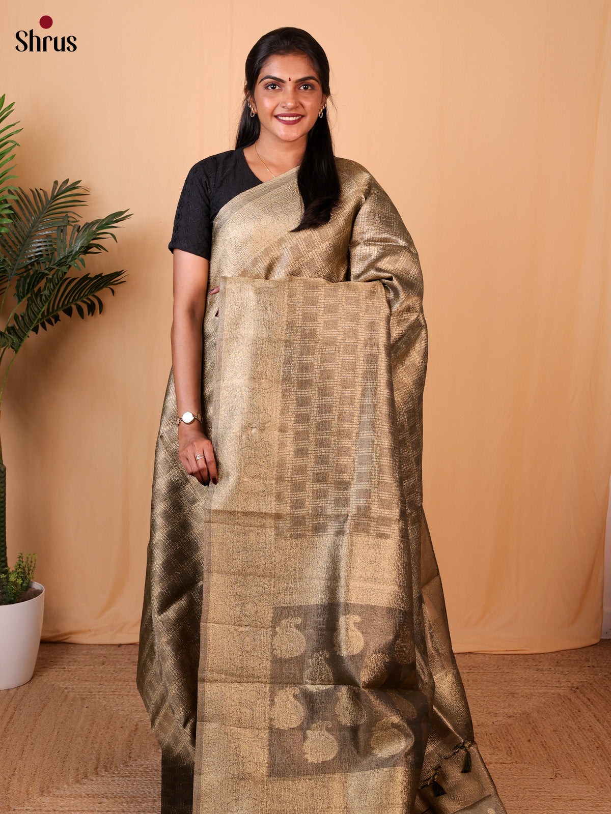 Brown- Semi Dupion Saree - Shop on Shrus.com
