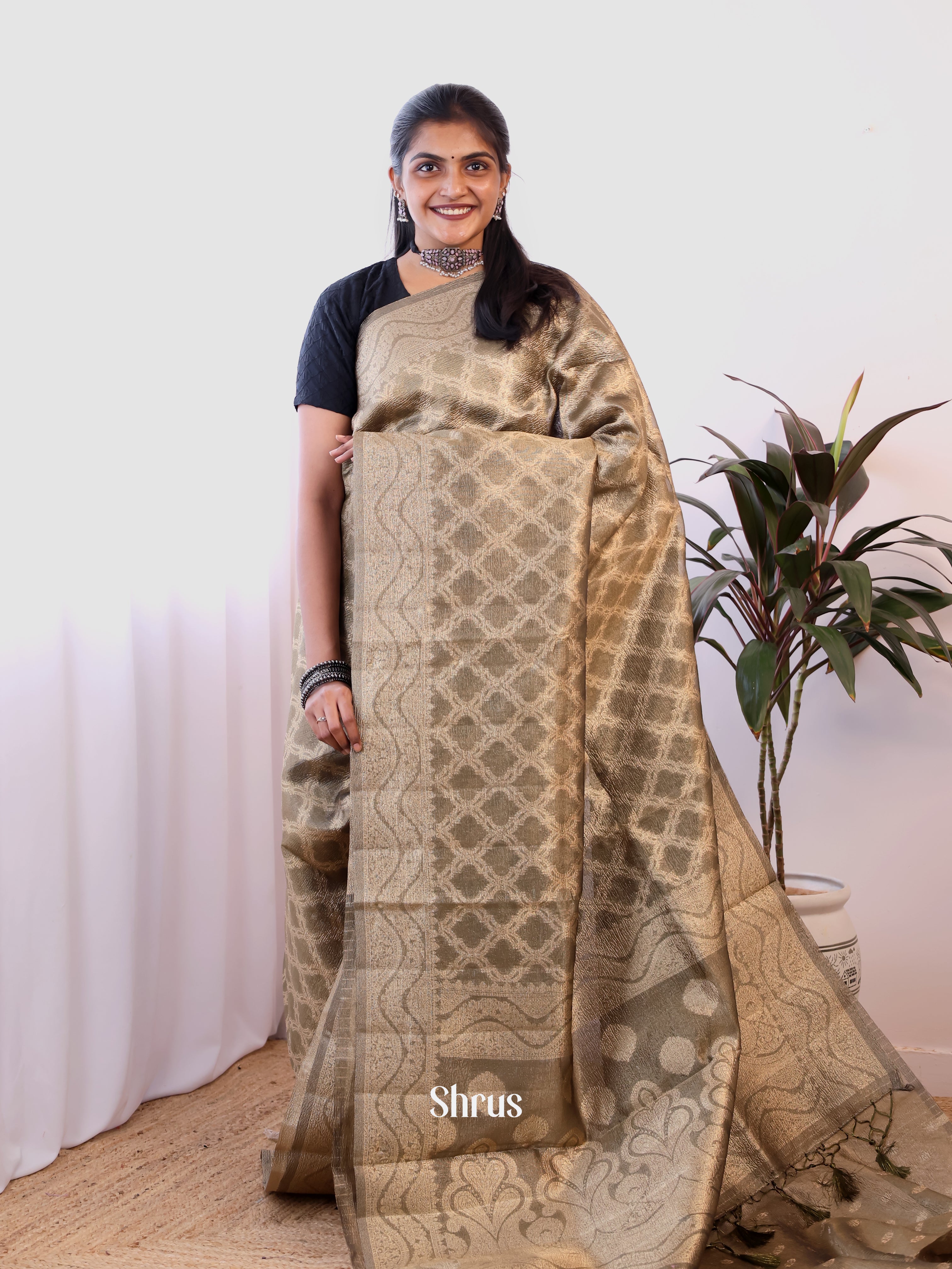 Grey - Semi Dupion Saree - Shop on Shrus.com