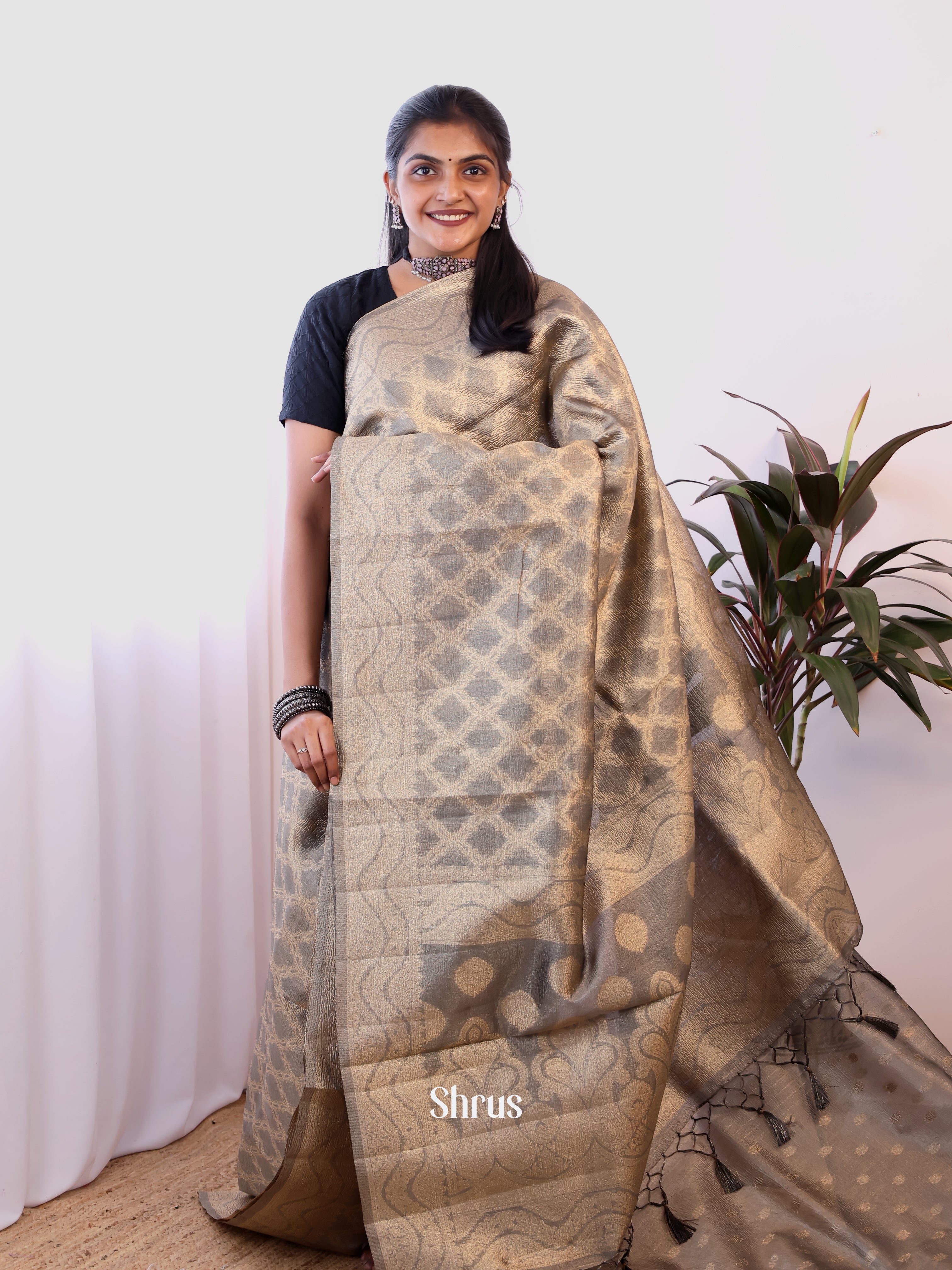 Grey- Semi Dupion Saree - Shop on Shrus.com