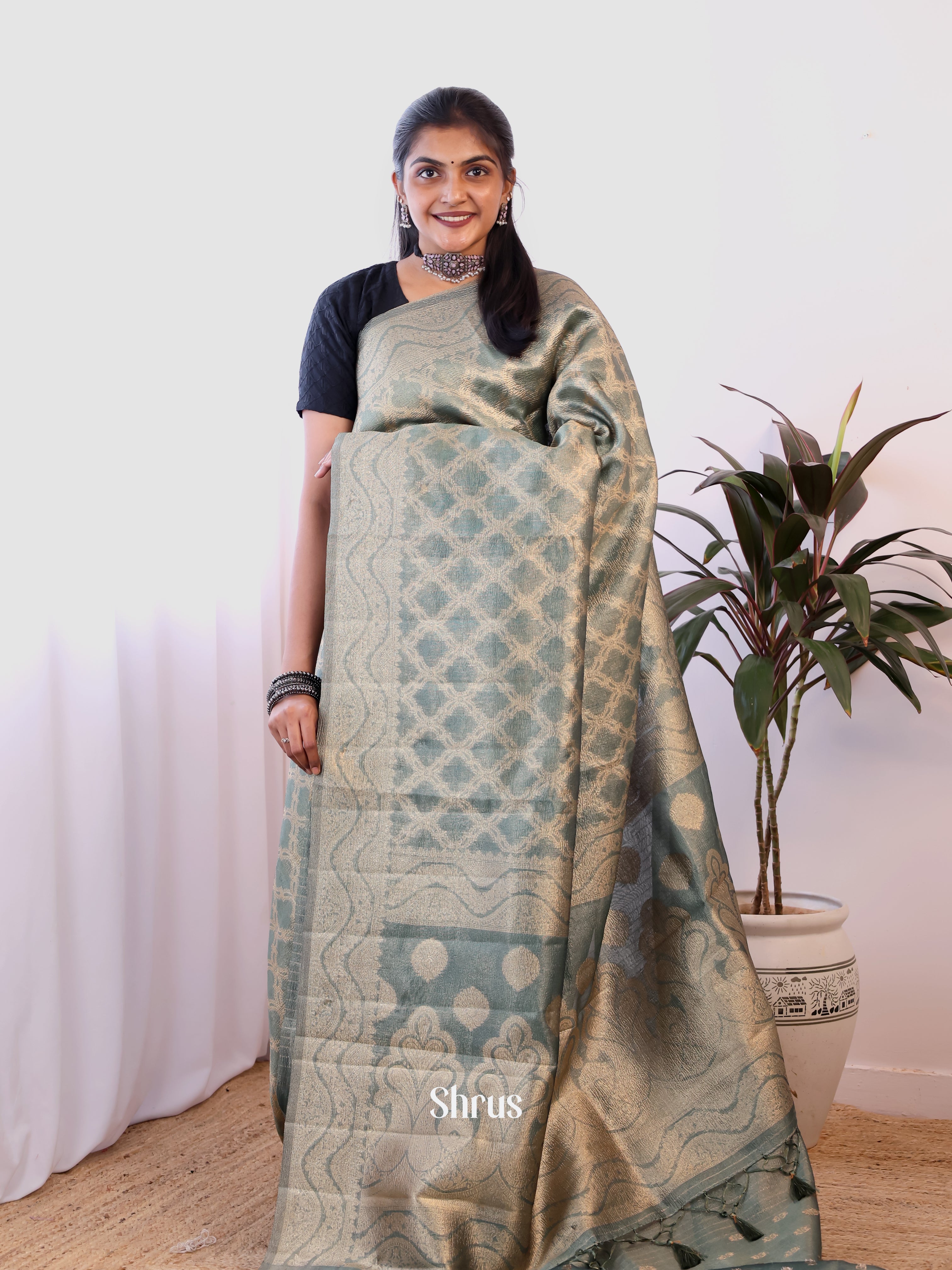 Grey - Semi Dupion Saree - Shop on Shrus.com