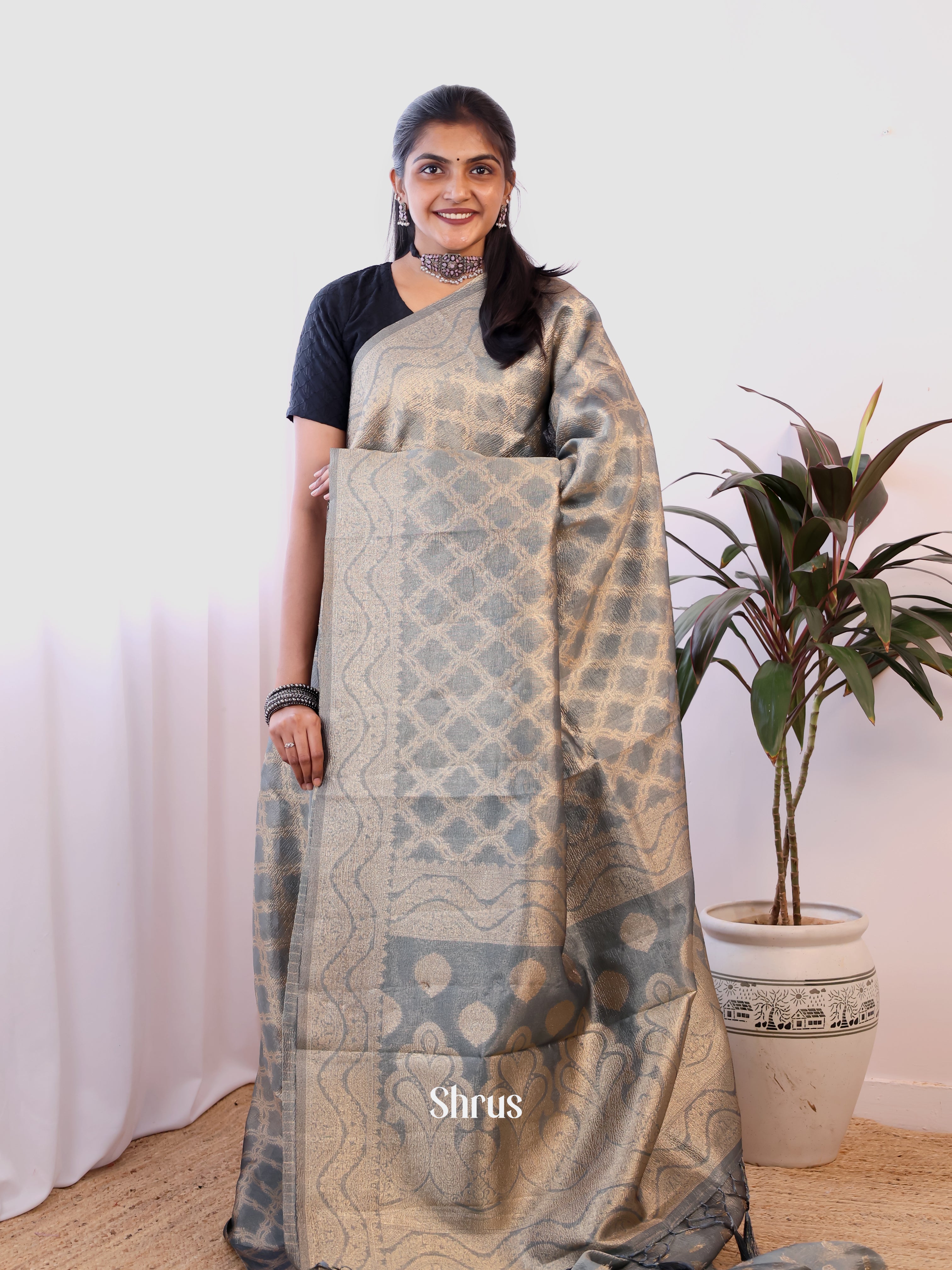 grey - Semi Dupion Saree - Shop on Shrus.com