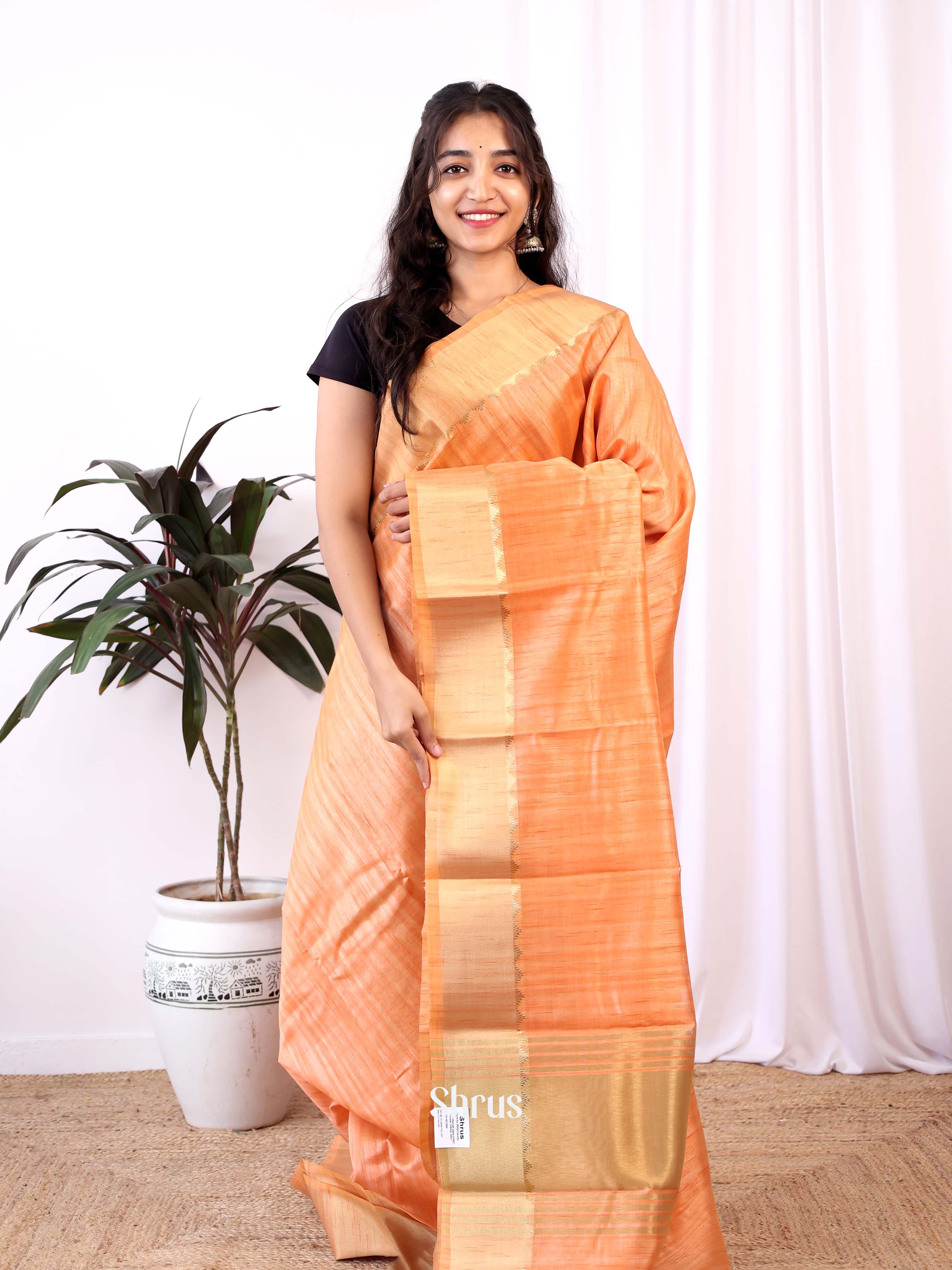 Orange - Semi Dupion Saree - Shop on Shrus.com