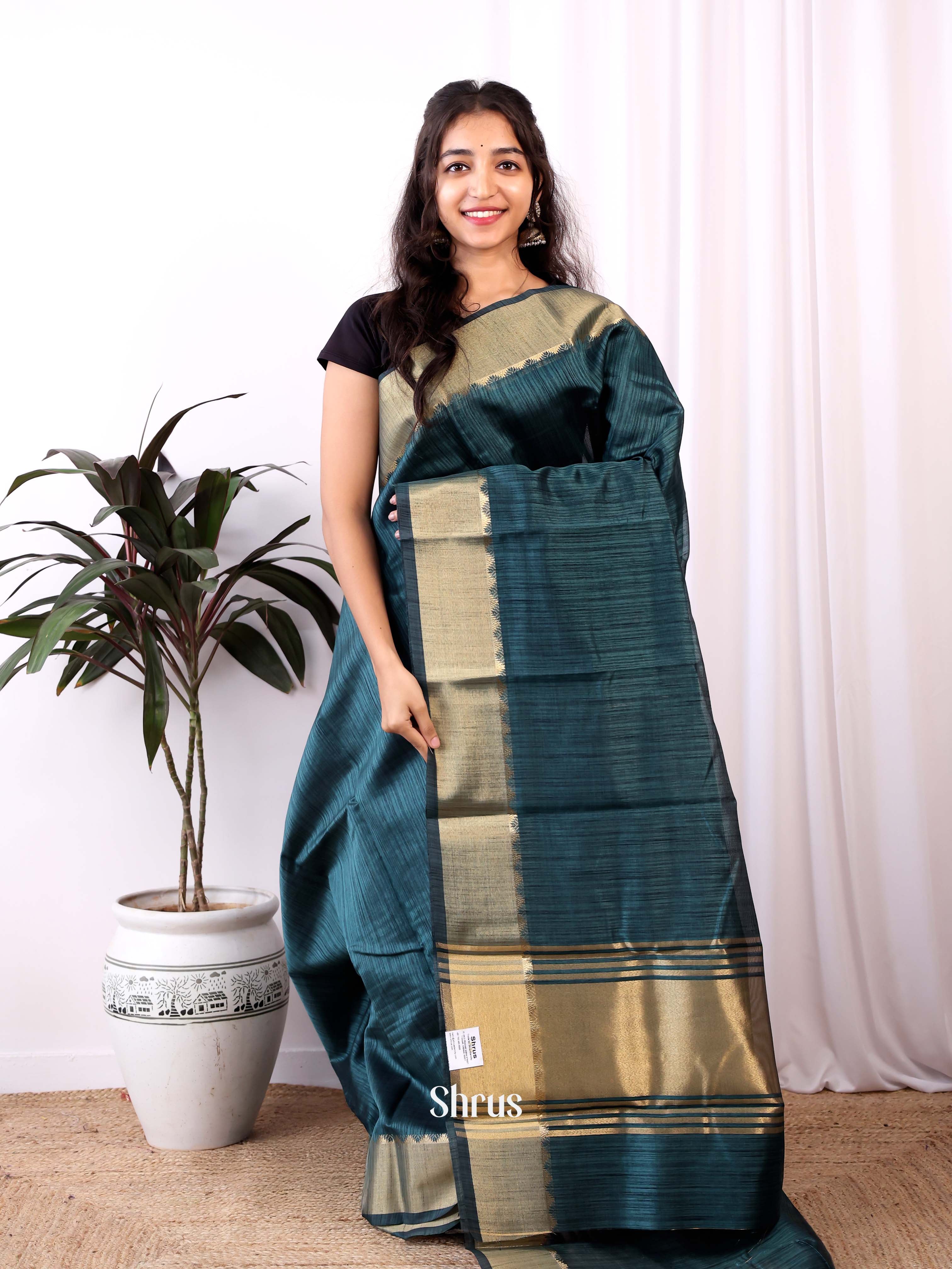 Blue - Semi Dupion Saree - Shop on Shrus.com
