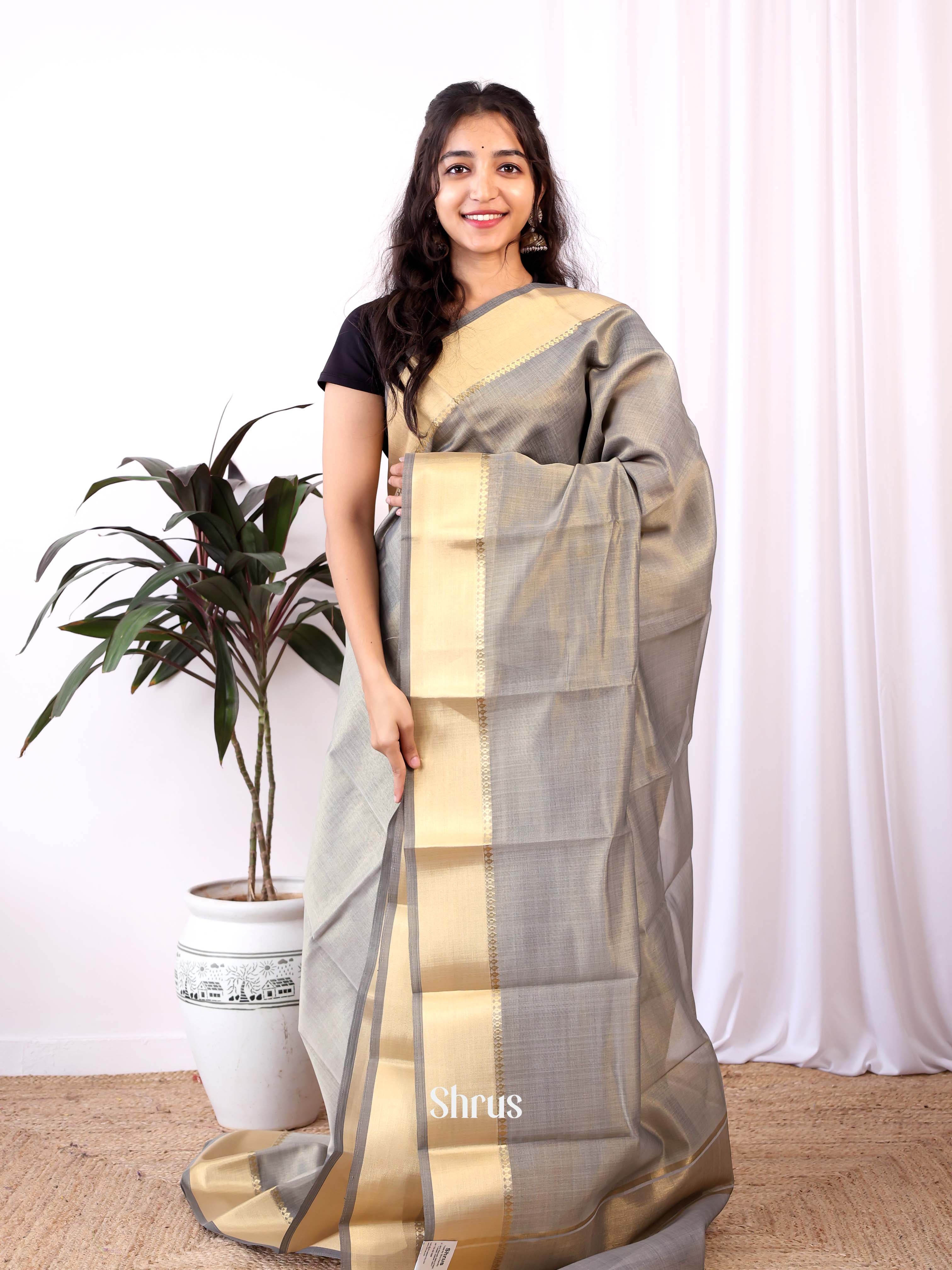 Grey - Semi Dupion Saree - Shop on Shrus.com