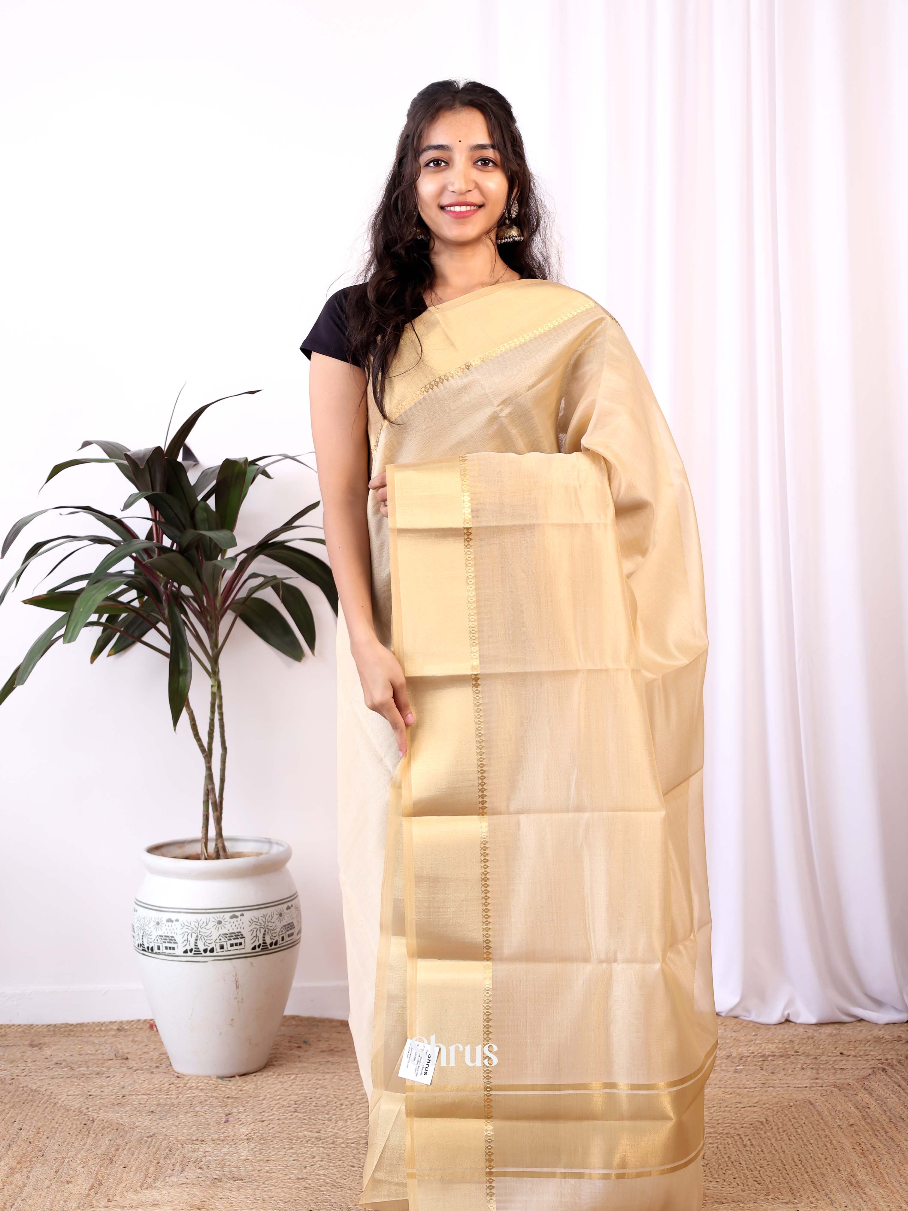 Cream- Semi Dupion Saree - Shop on Shrus.com