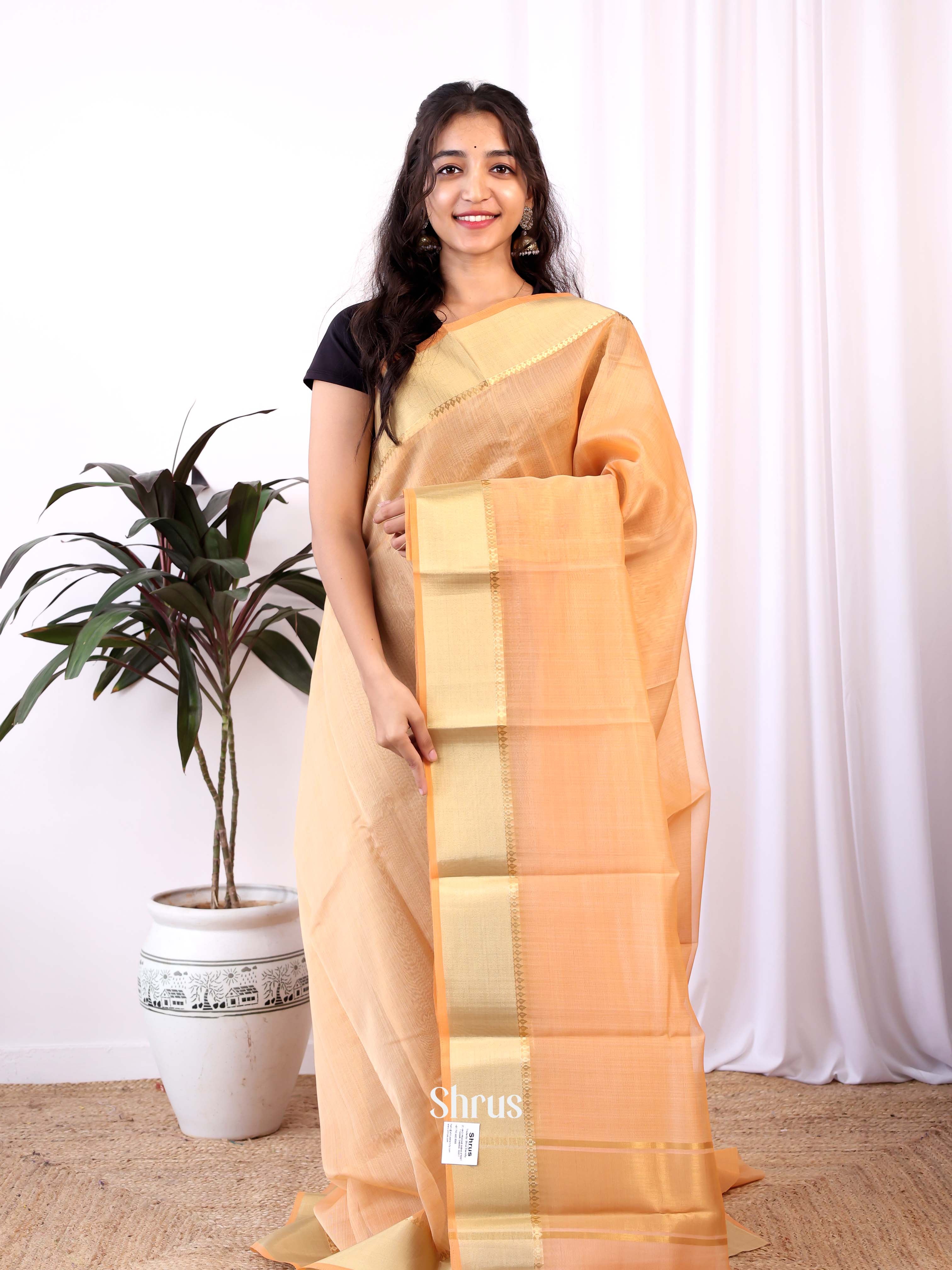 Peach - Semi Dupion Saree - Shop on Shrus.com