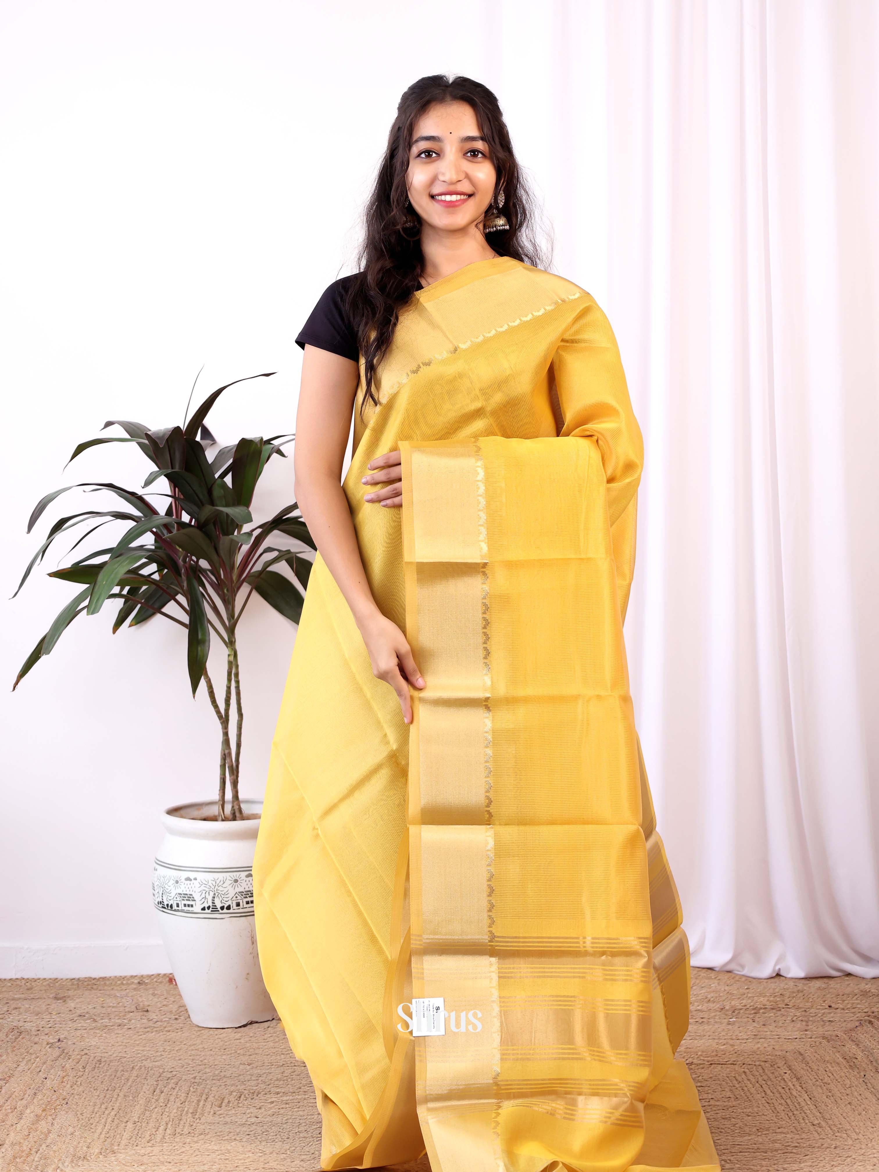 Yellow - Semi Dupion Saree - Shop on Shrus.com