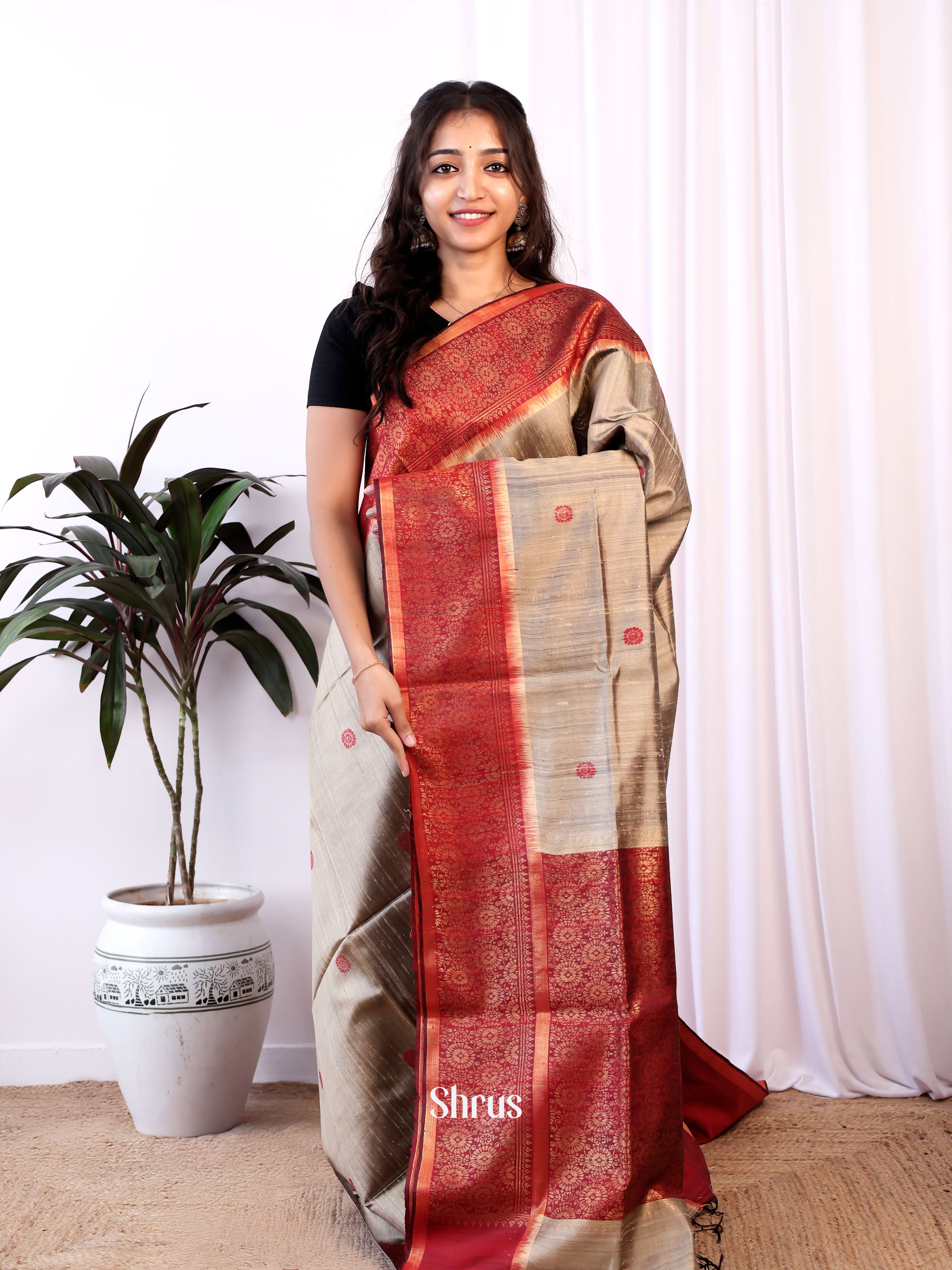 Grey & Maroon - Raw Silk Saree - Shop on Shrus.com